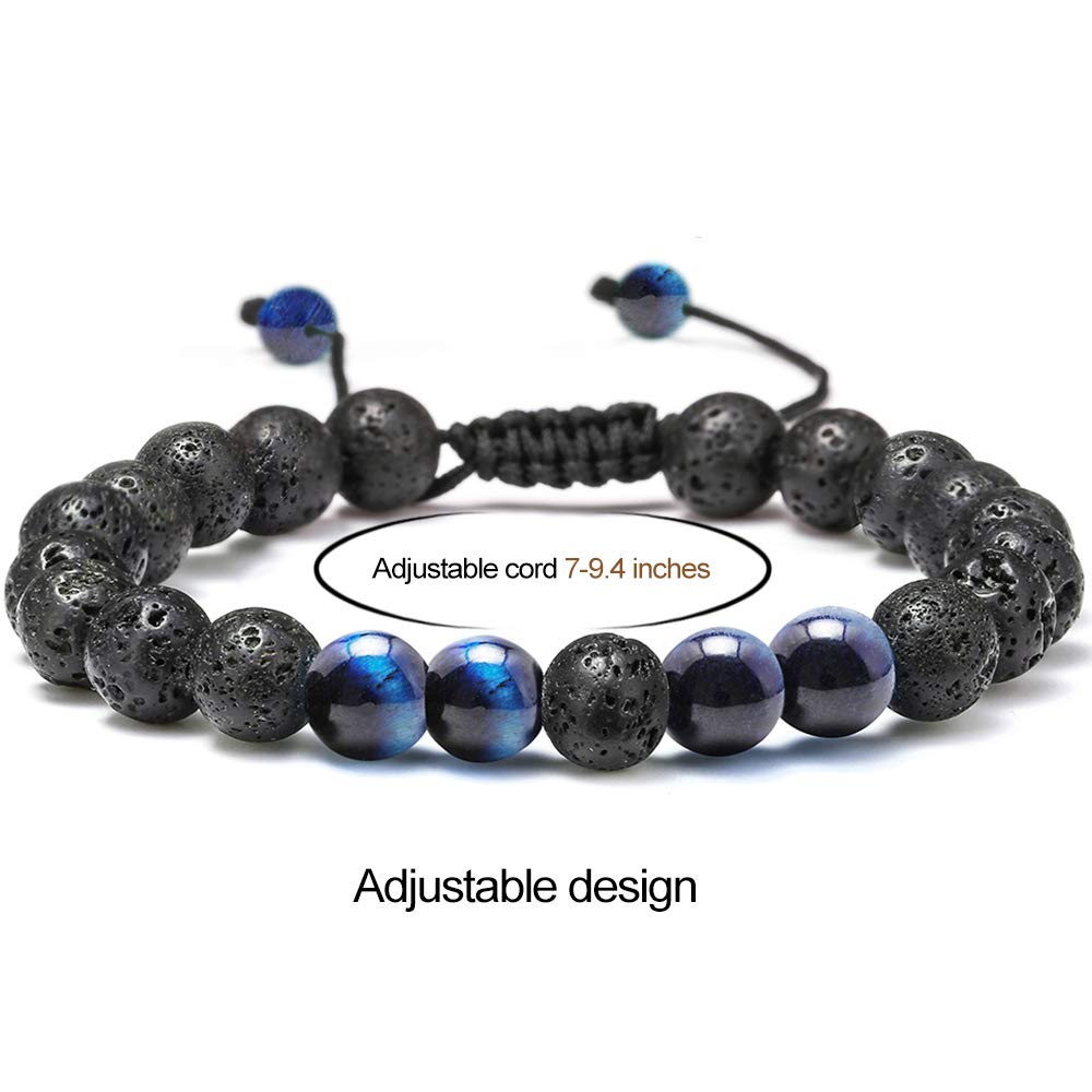 M MOOHAM Natural Bead Bracelet - Gem Semi Precious Stone Round Bead Black Lava Rock Blue Tiger Eye Beads Bracelet Adjustable Bracelets Birthday Gifts for Men