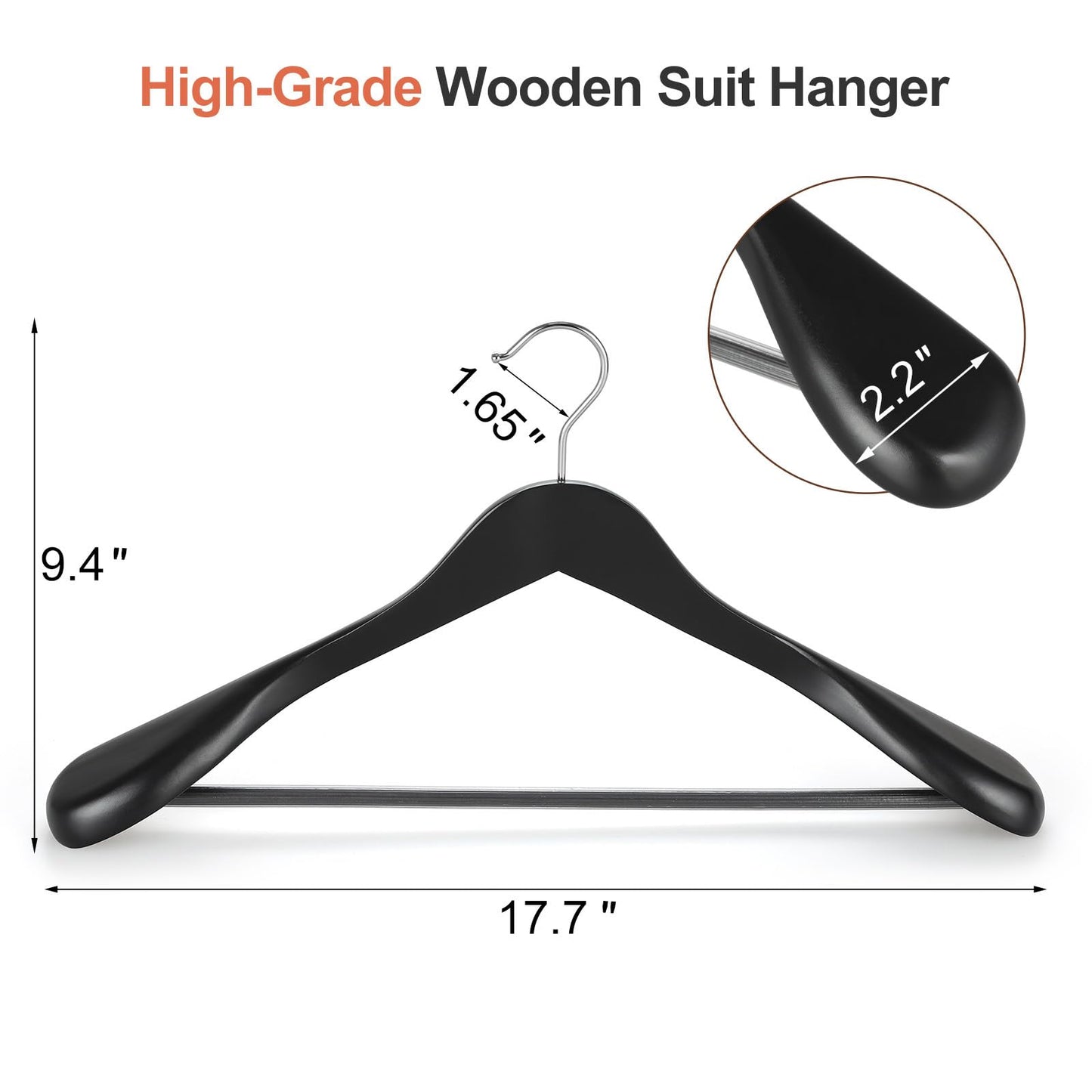 TOPIA HANGER Wide Shoulder Wooden Hangers, Suit Hangers with Non Slip Pants Bar & 360° Swivel Hook, Solid Wood Heavy Duty Coat Hanger, 10 Pack (Matte Black)-CT02B-10