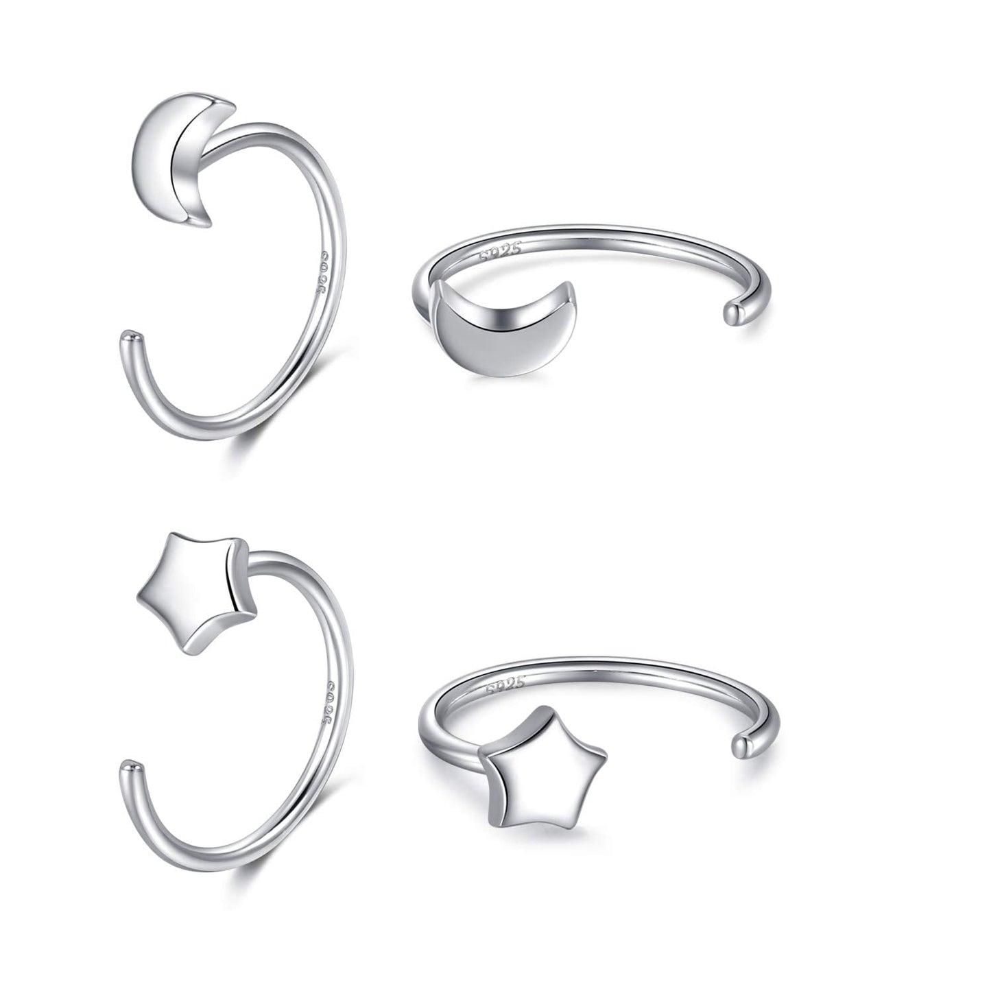925 Sterling Silver Moon Star Hoop Earrings for Women Crescent Moon Hug Half Open Huggie Earrings Set 2 Pairs