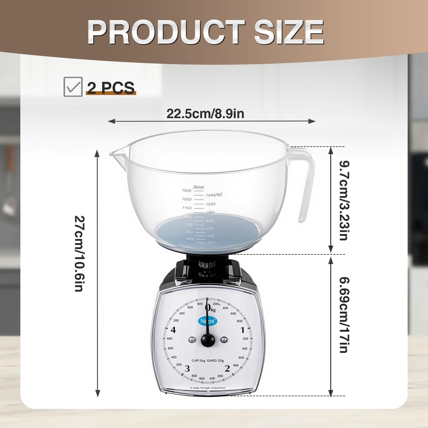Sabary 2 Pcs 11lb Analog Food Scale with Removable Measuring Cup Kitchen Mechanical Weighing Dial Scale for Novice and Experienced Cooks Cooking, Baking, Food Preparation