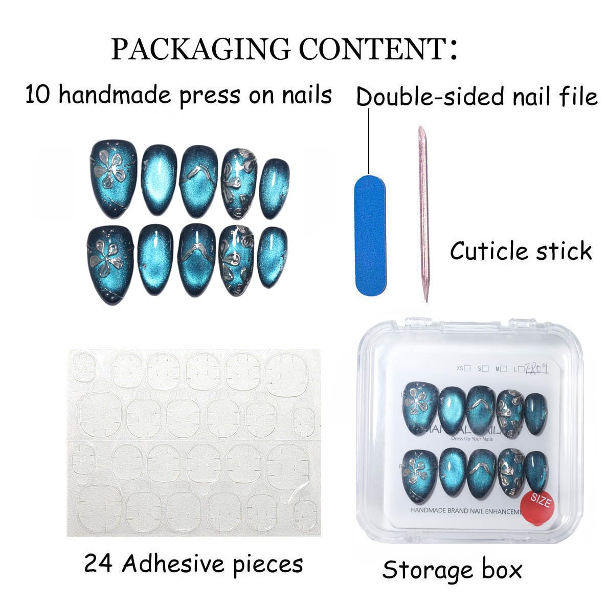 10 Pcs Short Almond Handmade Press On Nails | Teal Cat Eye with Silver Floral & Foil Accents | Reusable, Easy to Apply & Remove, Salon-Quality Manicure (RR17, S)