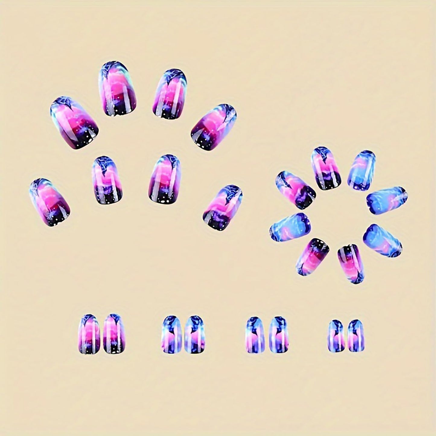 Press On Nails Medium Aurora Mountains, Sea of Clouds Design Oval Shaped False Nails - Artificial Glossy Full Cover Acrylic Coffin Nails - Reusable Glue On DIY Stick On for Women 24Pcs