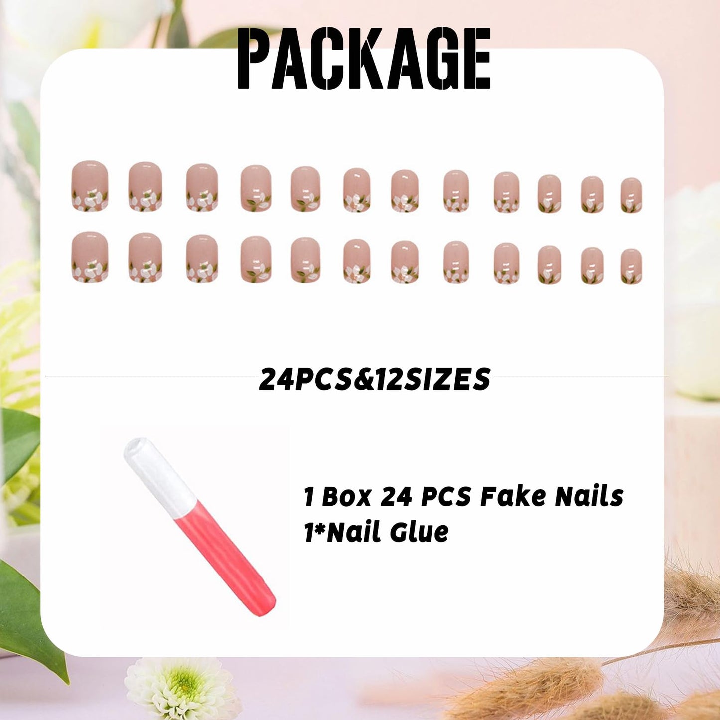 IMSOHOT Press on Nails Short Square Fake Nails Nude French with Flower Designs Full Cover Glue on Nails Cute White Floral Glossy Gel Acrylic Nails Press Ons Squoval Glue on Nails Kit 24Pcs