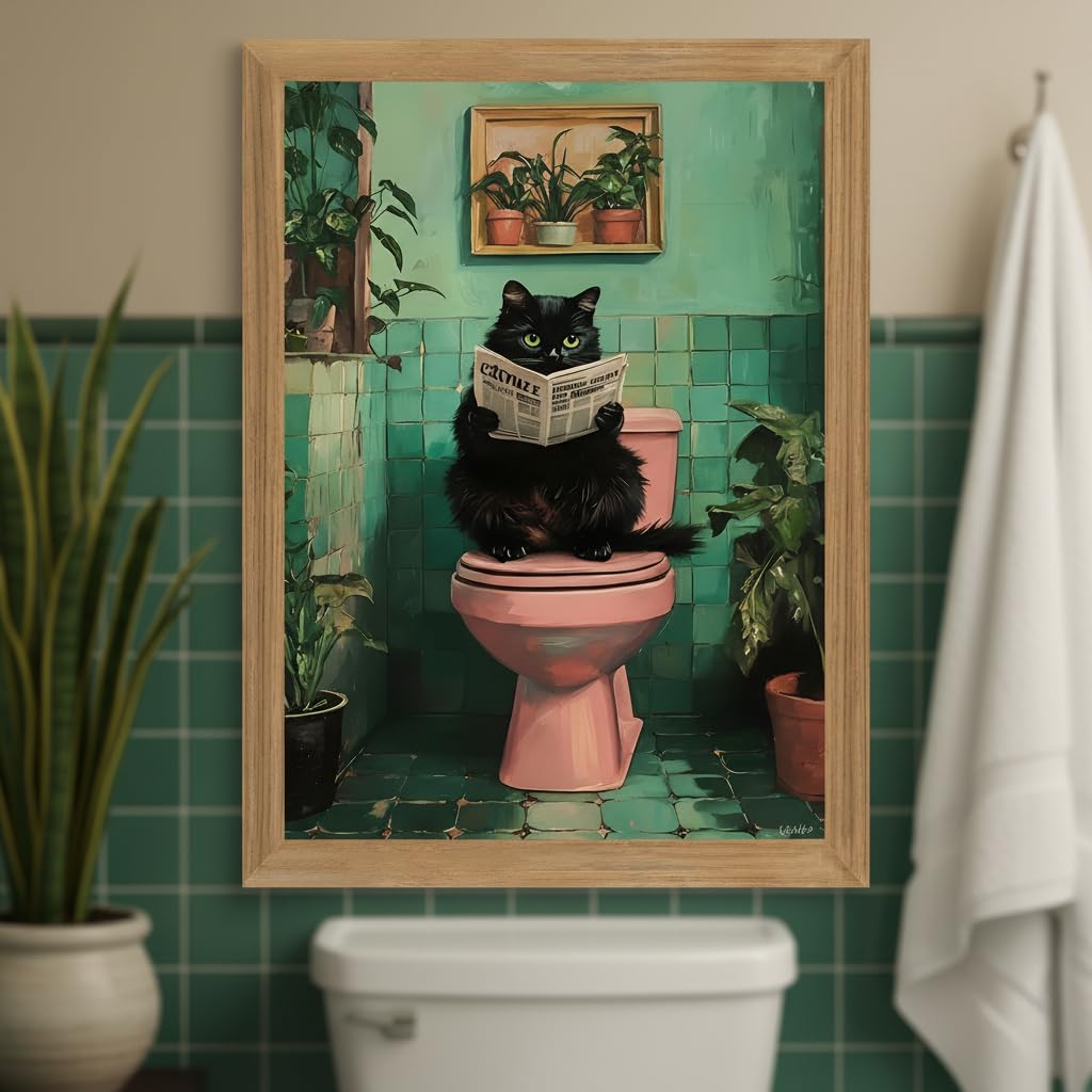 Funny Bathroom Wall Art Black Cat on Toilet Reading Newspaper, Humorous Cat Bathroom Decor Canvas Print, Quirky Animal Restroom Wall Decor Framed Artwork for Bathroom Home 8x10 Inch