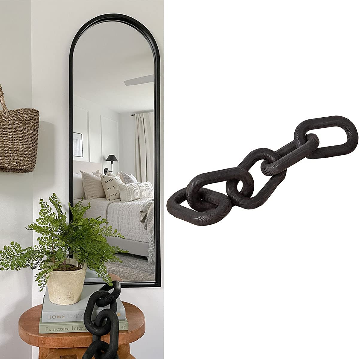 Hanlin Wood Chain Link Decor - Hand Carved Boho Decorative Wood Chain, Farmhouse Decor, Sustainable Pine, Coffee Table Decor, Shelf Decor, for Home Living Room (Black)
