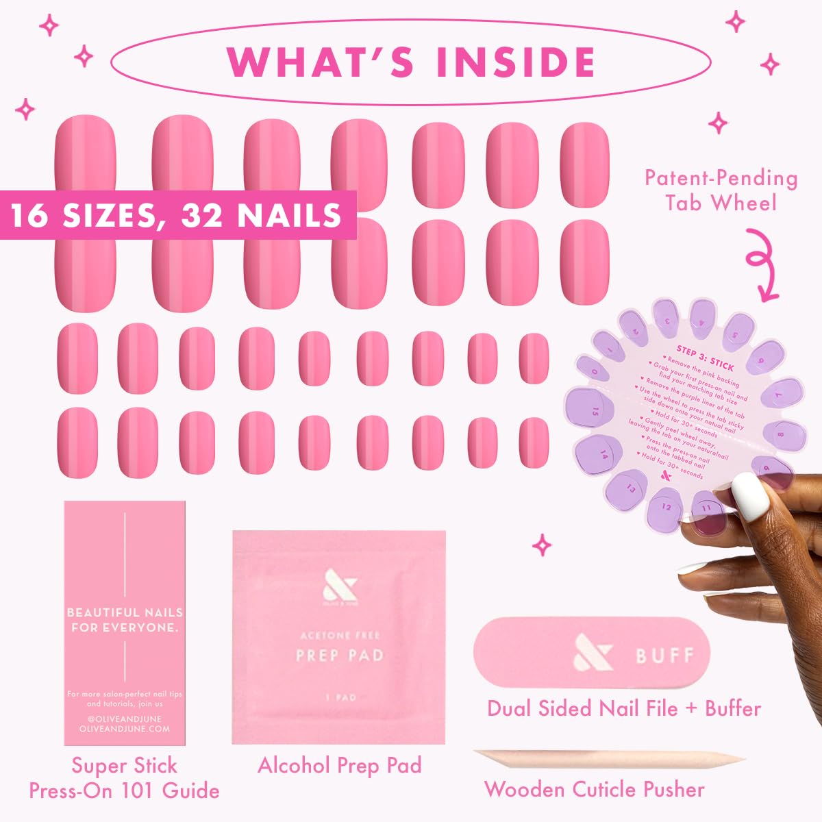 Olive & June Classic Super Stick Mani Press On Nails | No Glue Needed | 32 Tab Nails 16 Sizes | Non-Toxic Tabs Non-Damaging 7-Day Wear | Spring Flowers & Patterns | Short, Round | Taffy Bright Pink