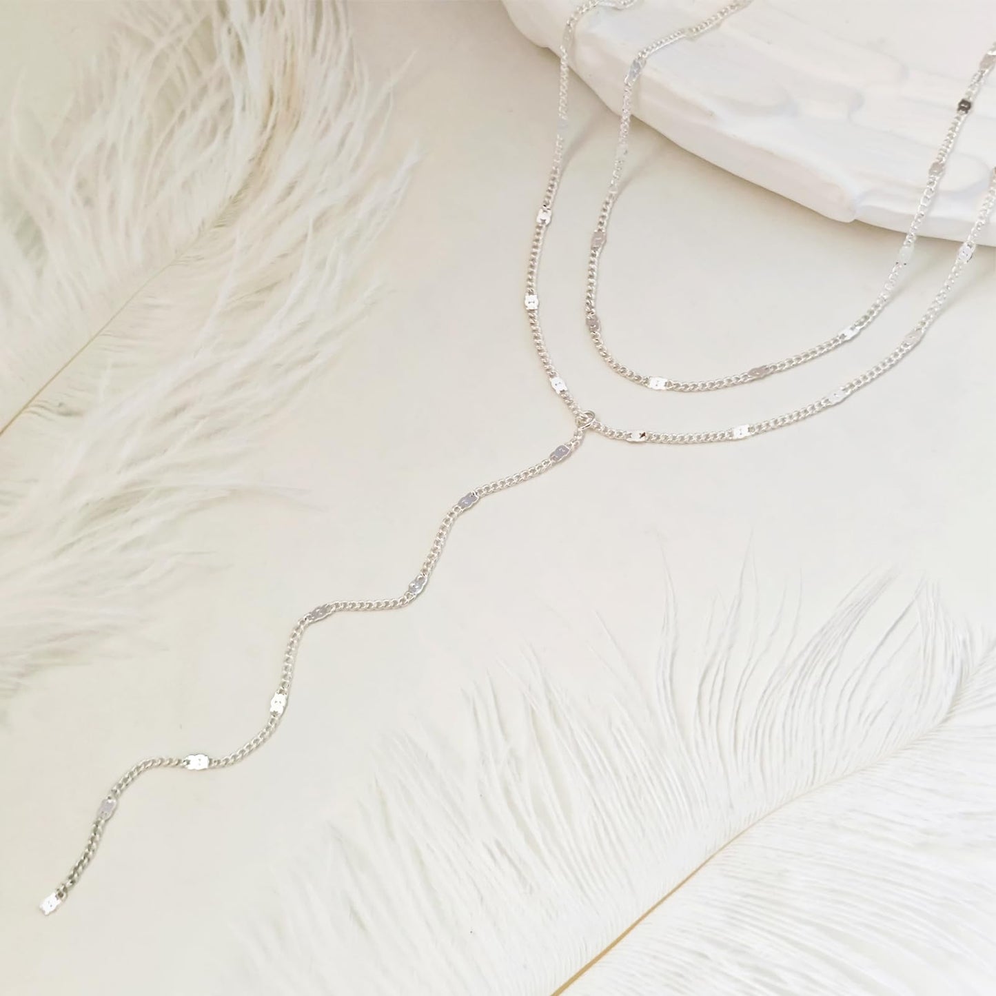 LULII Dainty Long Silver Necklace for Women Trendy Lariat Y Necklace Silver Plated Layered Chain Drop Y-Shaped Jewelry Gift