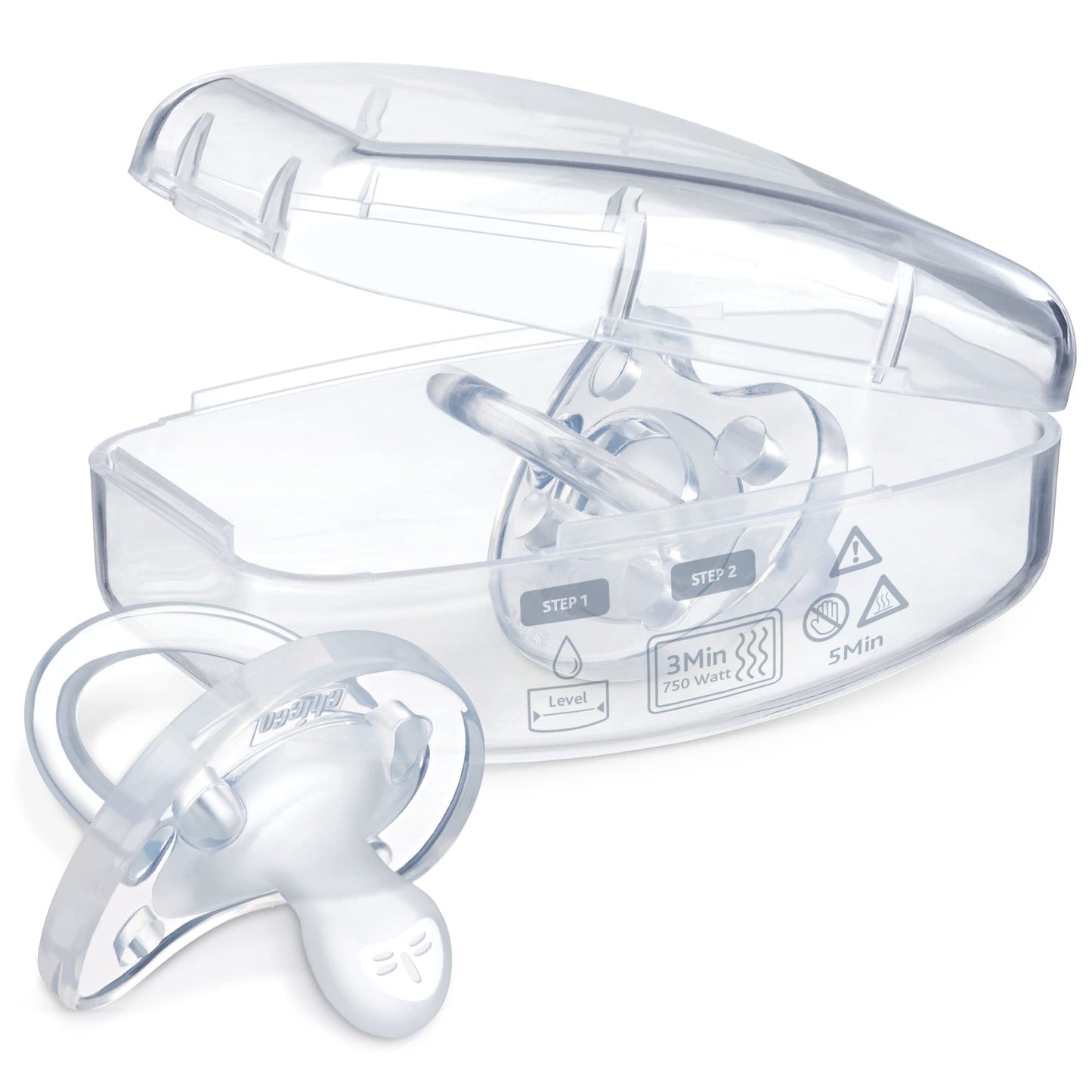 Chicco PhysioForma Orthodontic Pacifier for Babies 0-6 Months, 100% Soft Silicone, BPA Free & Breathing Support, 4-Pack with Sterilizing Case, Clear