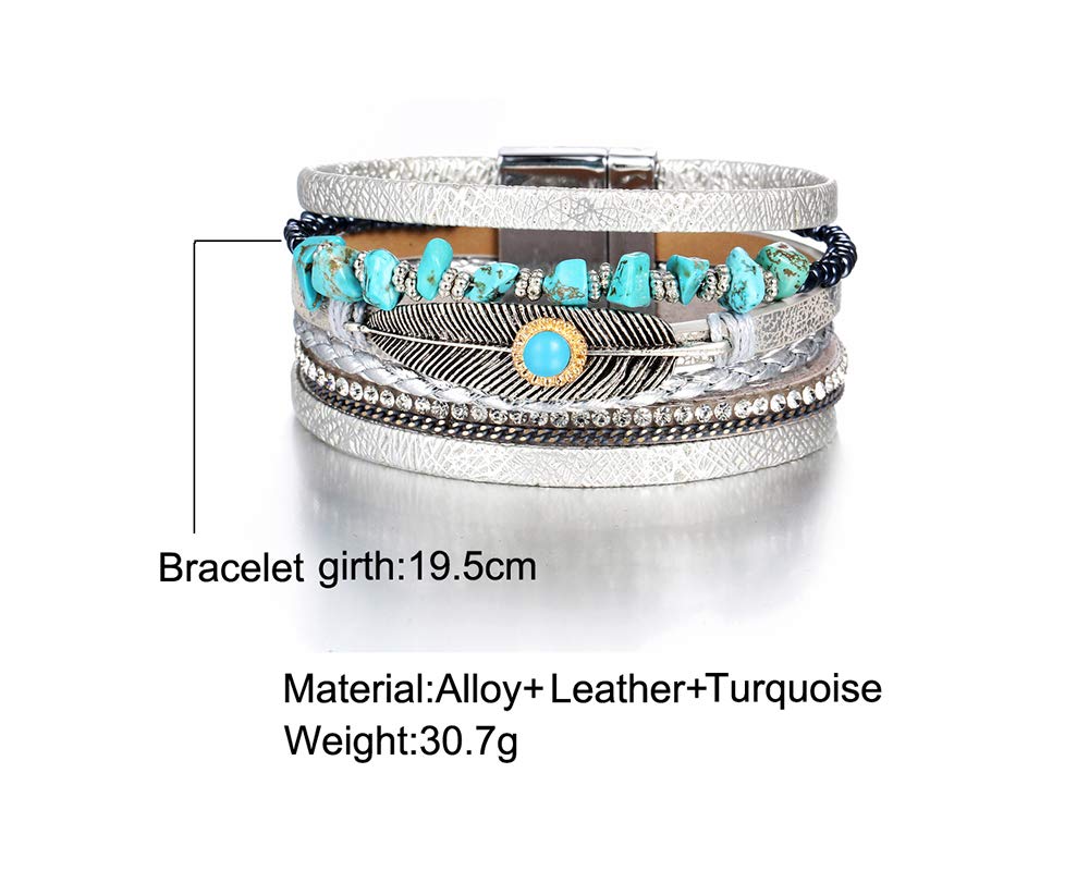 Fesciory Leopard Bracelet for Women, Boho Leather Wrap Multi-Layer Pearl Crystal Bracelet Bangle Jewelry(Turquoise Feather)