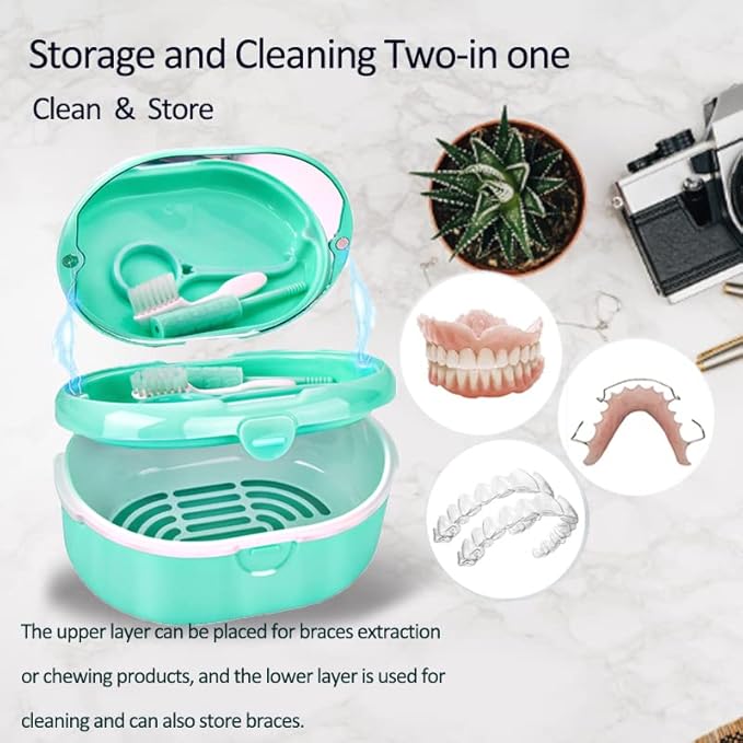 Denture Case, Double Denture Slot Cup Case Wet & Dry Portable Denture Case Portable False Teeth Container, Denture Cup with Lid for Cleaning Household Office Travel (Green)