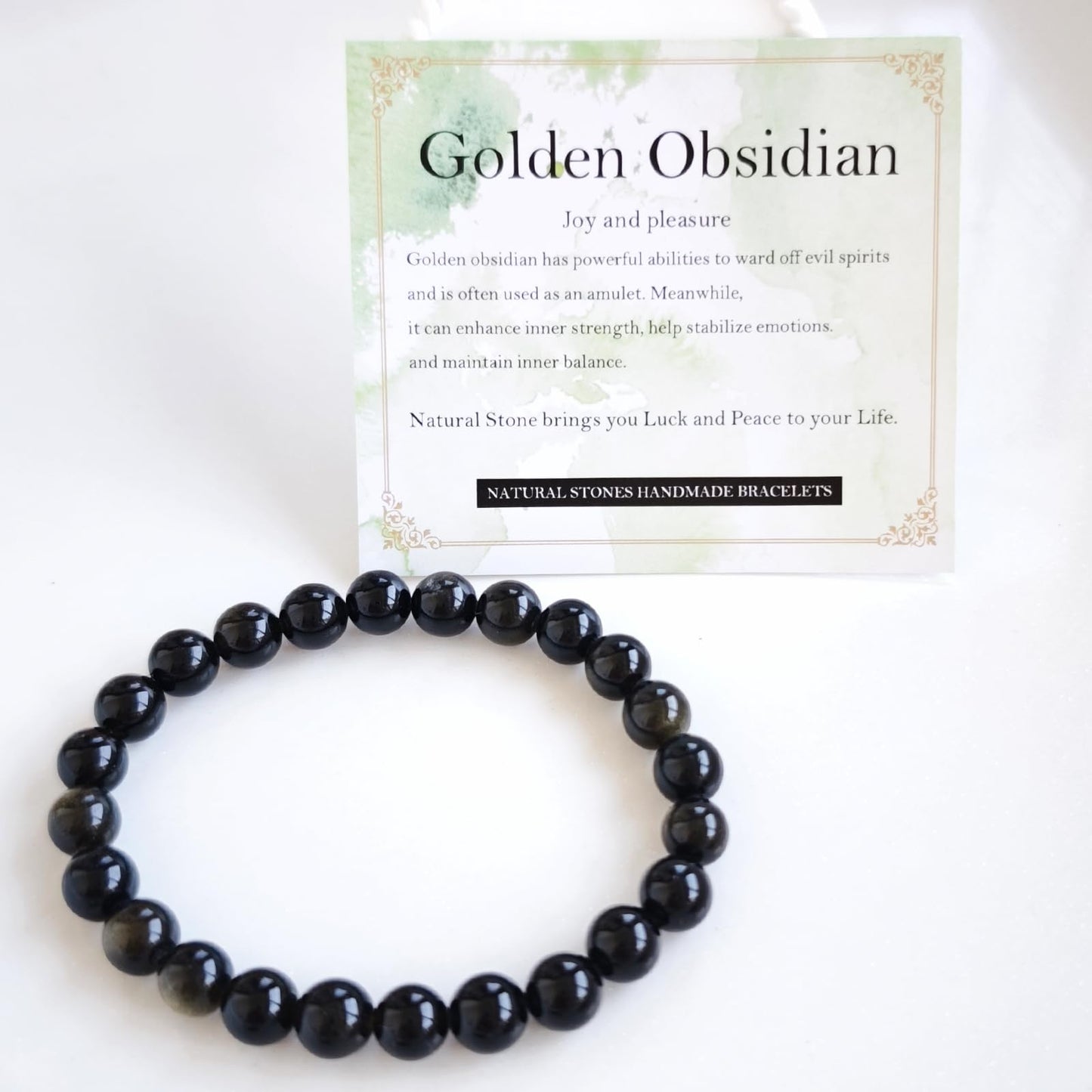 Handmade Natural Gemstone Elastic Bracelet - Healing Crystal Beads Jewelry, Unisex (Golden Obsidian, 8mm)