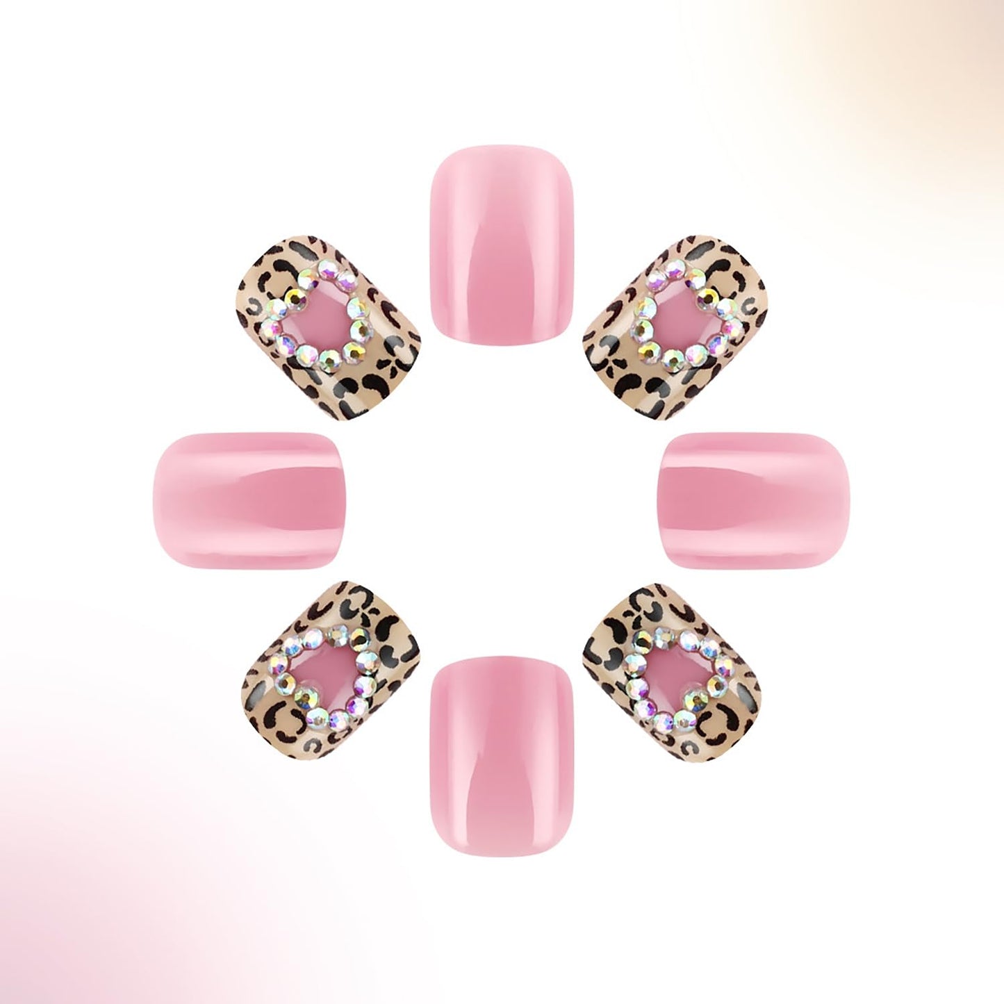 24Pcs Leopard Love Heaert Valentine's Press on Nails Short Square Glitter Rhinstones False Nails Pink Acrylic Nails Full Cover Square Stick on Nails Glossy Valentines Glue on Nails for Women