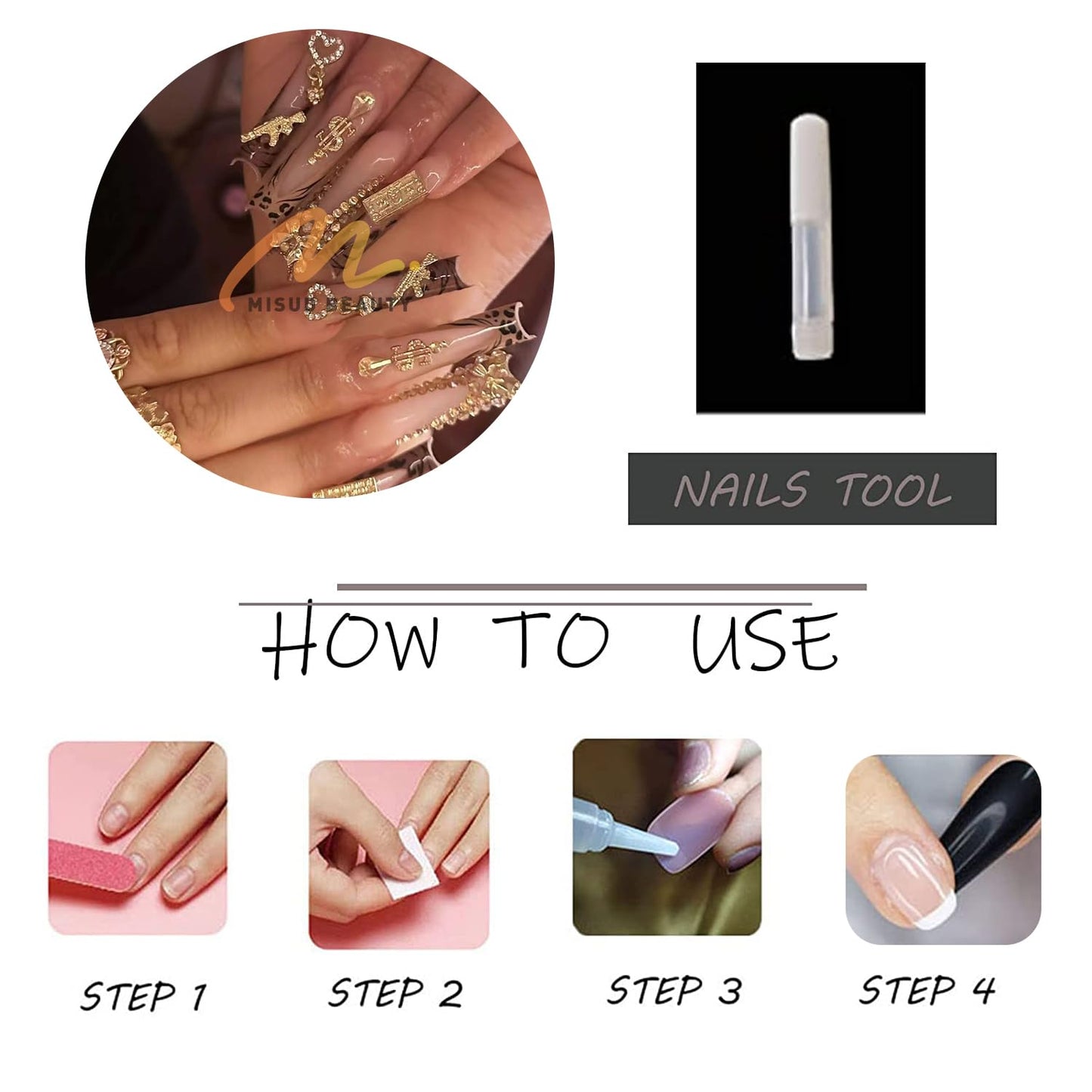 MISUD Press on Nails - Extra Long Square Glue on Nails with Fall Brown, Acrylic Money Charms Design 24 pcs