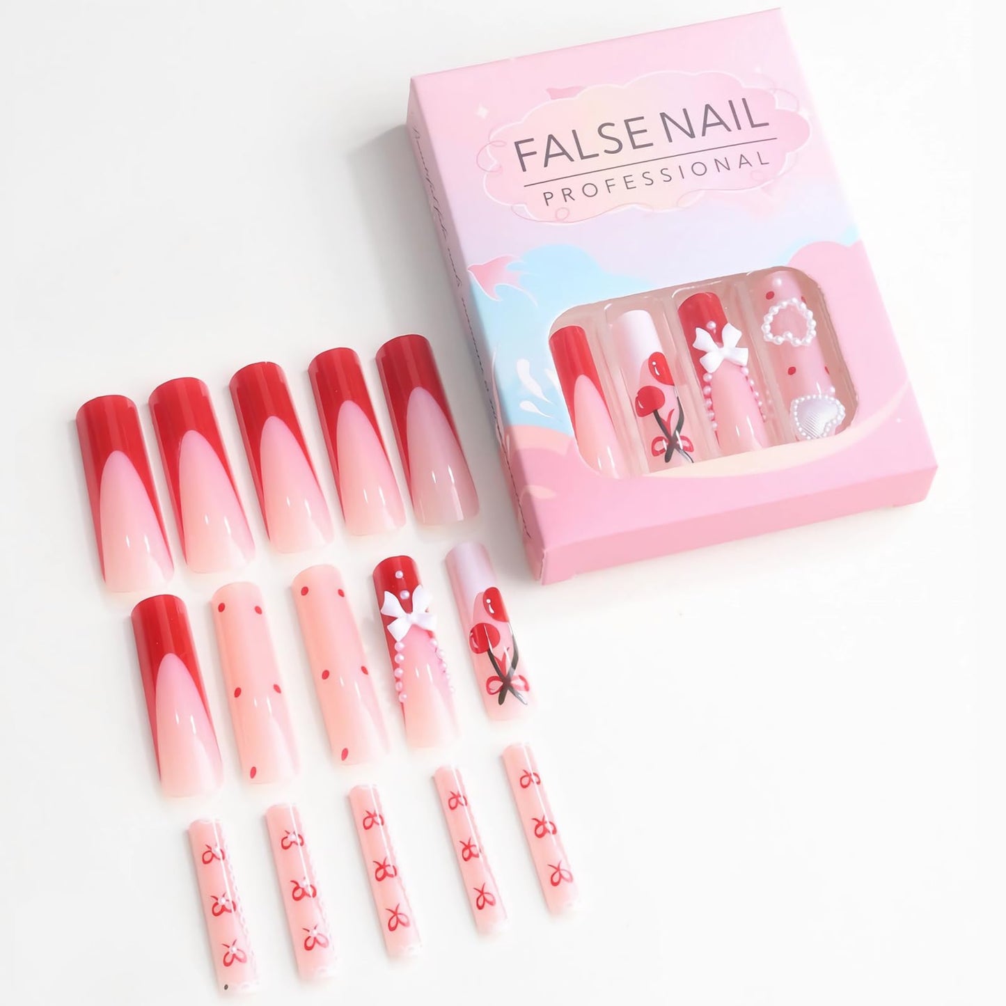 MISUD Press on Nails - Extra Long Square Glue on Nails with Red French Tip, Acrylic Cherry Bow Design 24 pcs