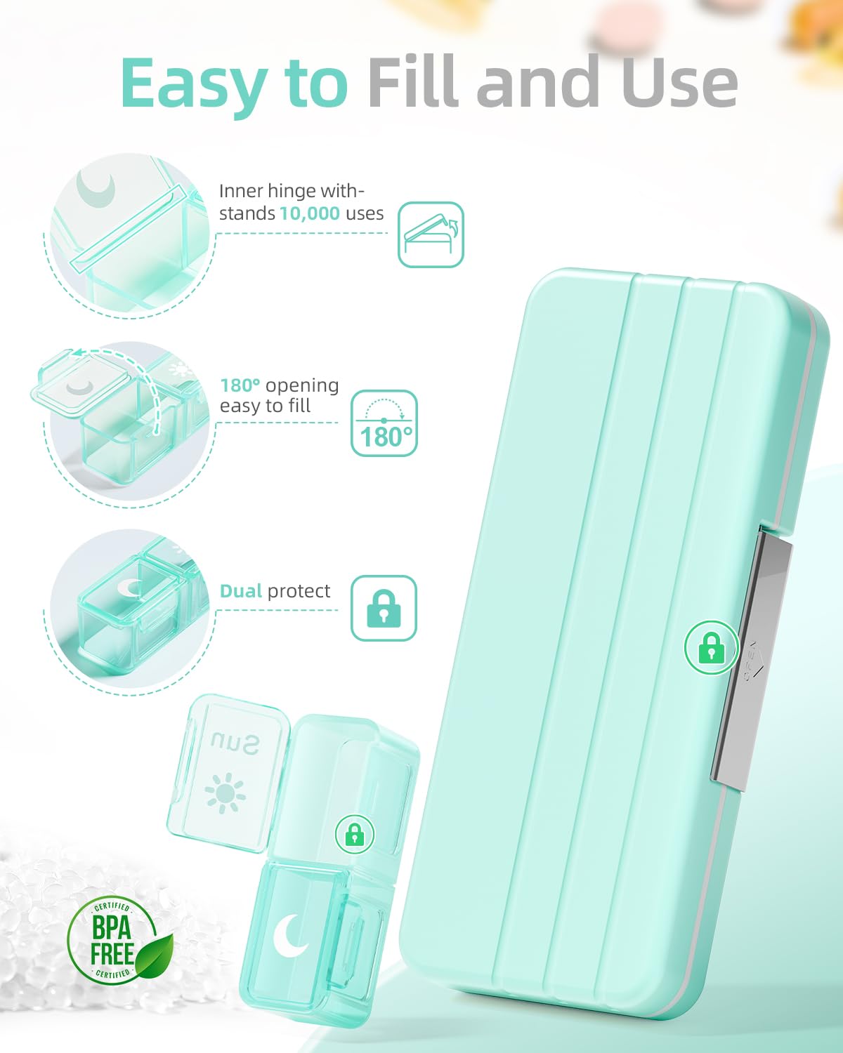 AM PM Pill Organizer 2 Times A Day, 7 Day Pill Box Weekly Pill Organizer Travel with Separate Container, Portable Daily Medicine Planner Dispenser Case for Vitamin, Fish Oils, Supplements（Green）