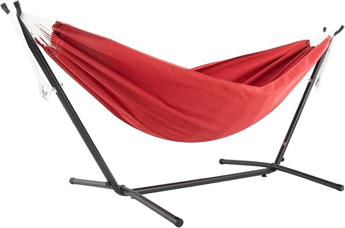 Vivere Double Sunbrella Hammock with Space-Saving Steel Stand, Heavy-Duty Portable Outdoor Hammock Set for Backyard, Patio, or Travel, Crimson