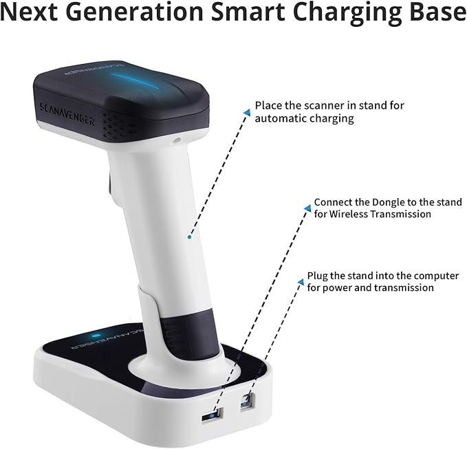 ScanAvenger Wireless Portable 1D&2D with Stand Bluetooth Barcode Scanner: Hand Scanner 3-in-1, Cordless, Rechargeable Scan Gun for Inventory - USB Bar Code/QR Reader (1D&2D Upgraded Next Gen Stand)