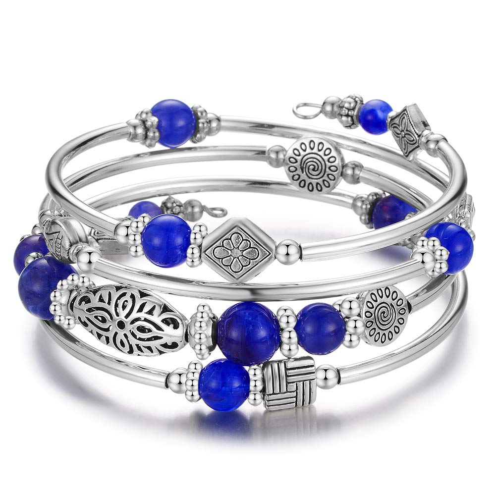 BULINLIN Layered Wrap Bangle Turquoise Bracelet - Bead Bracelet with Natural Agate Stone, Gifts For Women (11-sapphire)