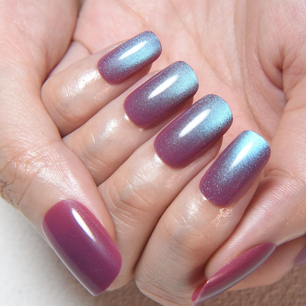evpct Mauve Blue Reflective Metallic Cat Eye Press on Nails Medium Square No Glue, Stick on Nails Medium Square for Women, Mauve Metallic Nail press ons, Iridescent Glitter Acrylic Fake Press on Nail
