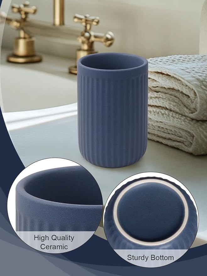 INGOFIN Ceramic Toothbrush Holder, 12 oz Toothpaste Holder Bathroom Cup, Tooth Brush Holder for Vanity Countertop, Organizer Storage for Cosmetic, Makeup, Office Pencils, Matte Blue