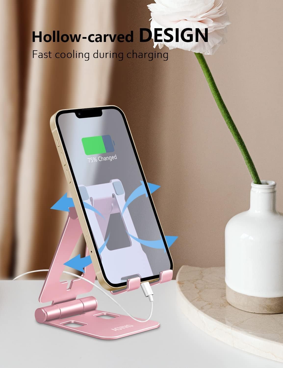 Cell Phone Stand for Desk, Adjustable Desktop Phone Holder Stand, Foldable Moblie Phone Dock for iPhone 15 14 13 12 11 Pro Xs Max Xr X 8 7 6 5 5s SE Nintendo Switch All Phones, Rose Gold
