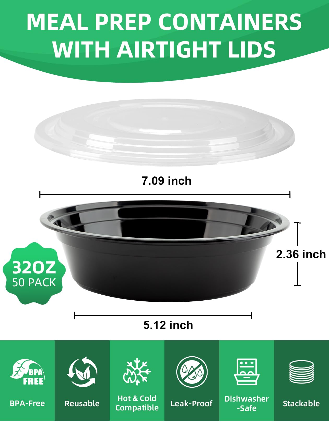 UMT Plastar 32 oz Round Meal Prep Bowls with Lids, 50 Pack BPA-Free To Go Food Containers, Microwave Freezer Dishwasher Safe, Round Food Storage Containers for Meal Prep Takeout