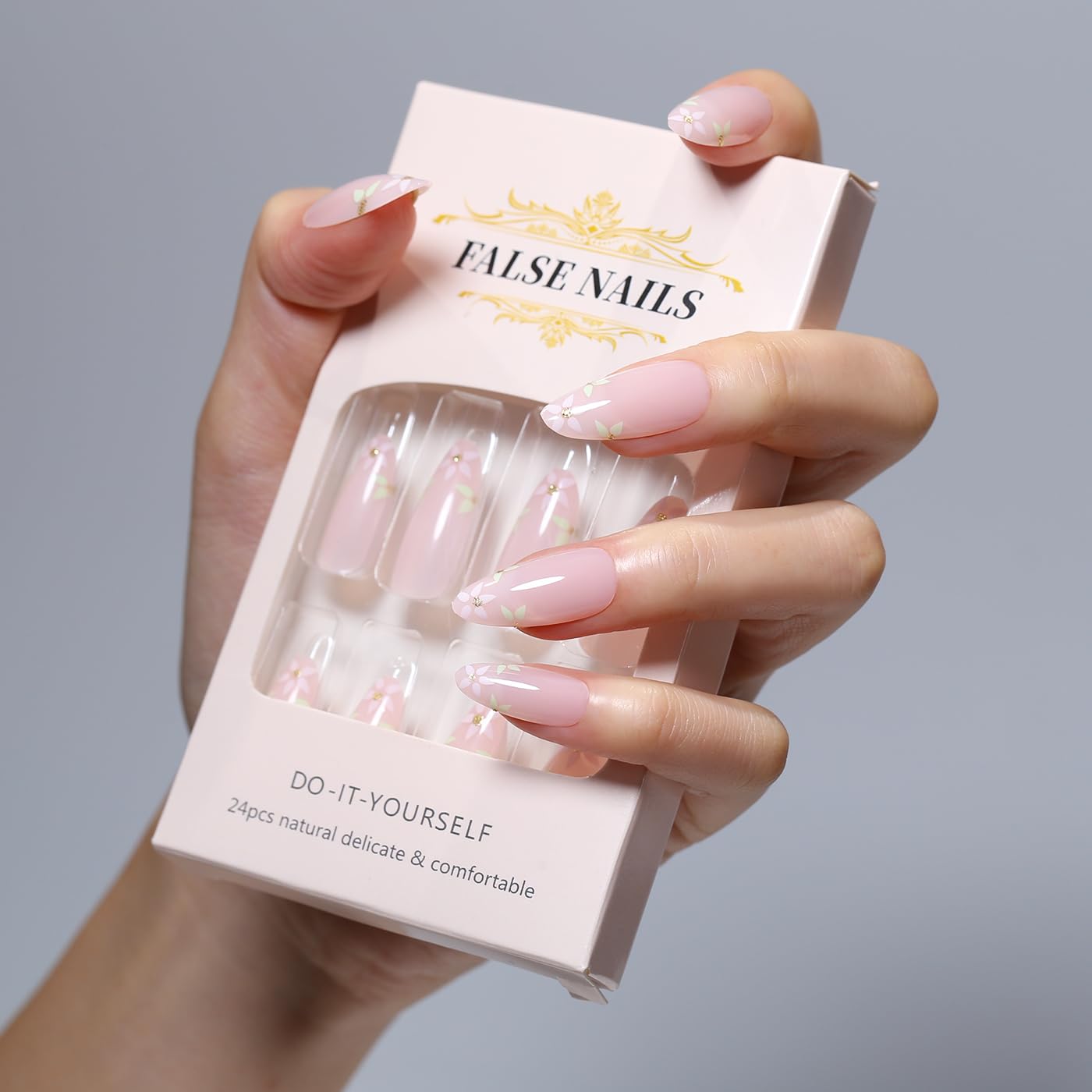 Goolich Baby Pink Press On Nails Medium Almond, Floral Print Nails Press ons Set with Adhesive Tabs, 24 Pcs 12 Size Reusable Full Cover Glue on Nails for Women