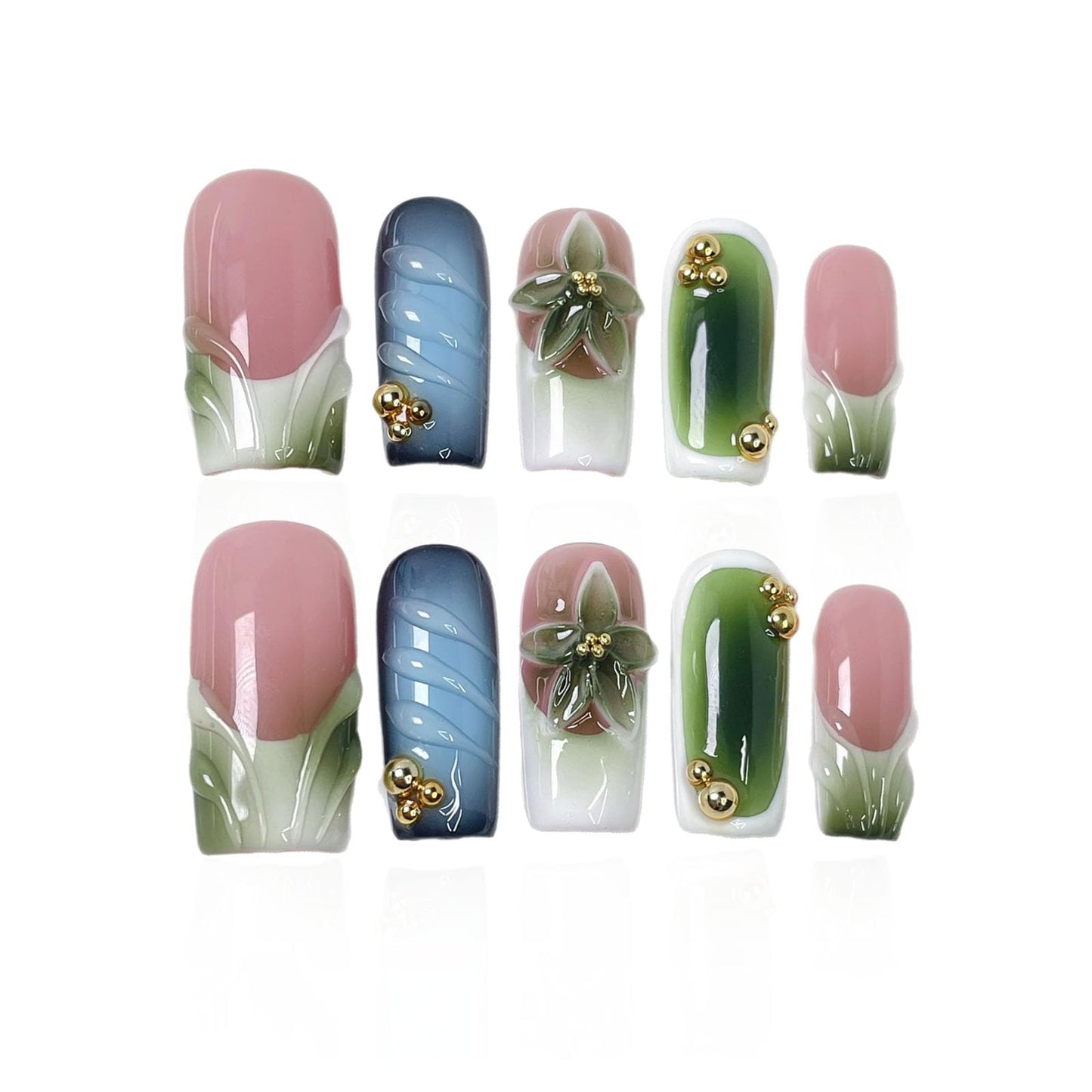 10 Pcs Handmade Press on Nails Medium Square Fake Nails with 3D Flower French Tip Design Green Acrylic False Nails M Size Press Ons Nails Square for Women