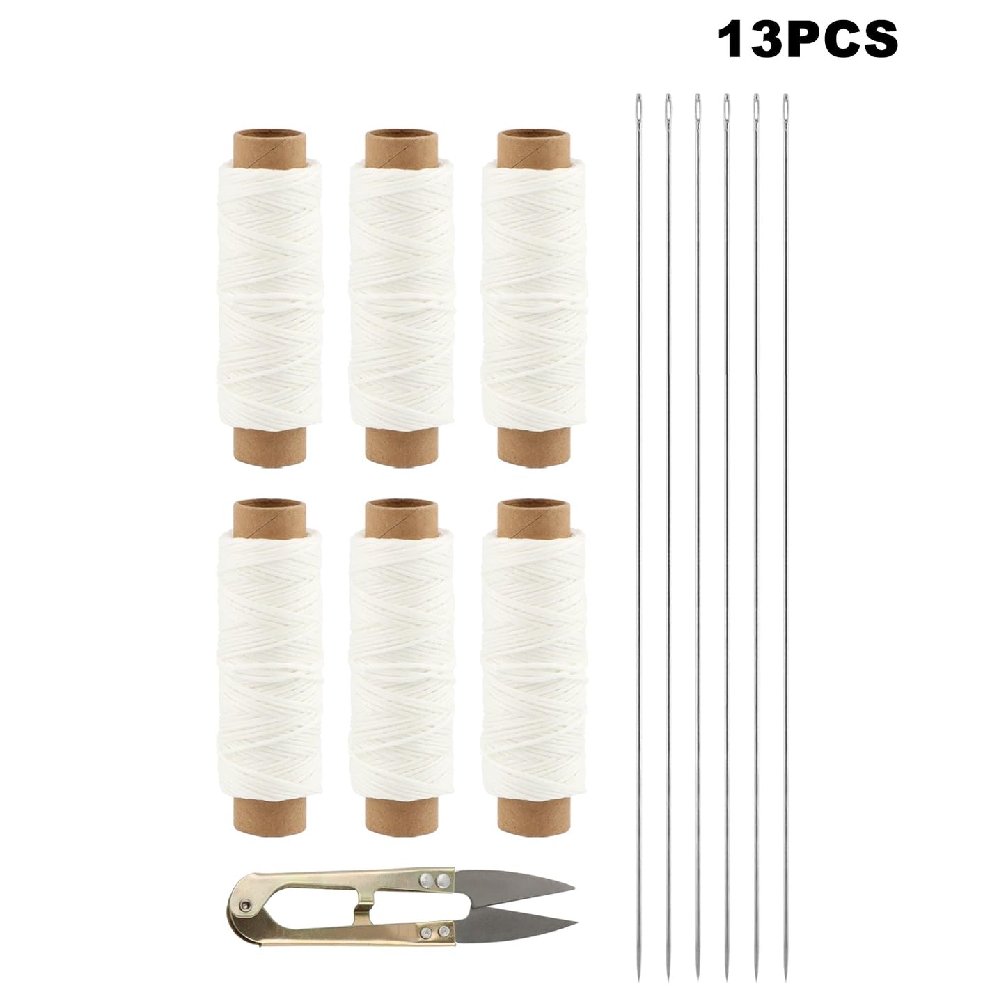 Ovrimelle 13 Pcs Lei Needle Kit, 6 Pcs 14 Inch Stainless Steel Long Lei Needle and 6 Rolls Twine 1 Sewing Scissors DIY Making Kit for Marigold Garland Hawaiian Flowers Bead Stitch Craft