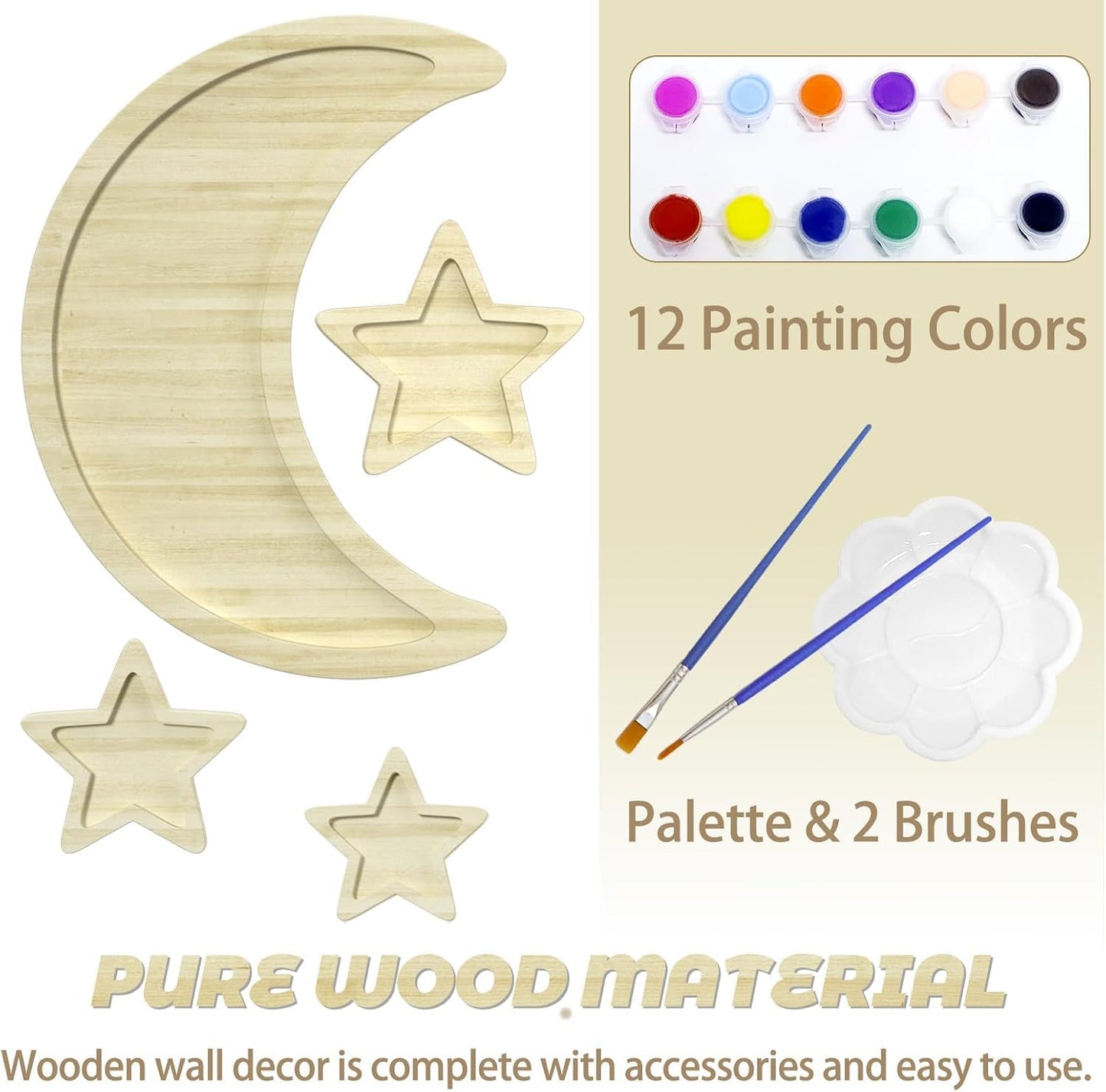 Boho Nursery Decor, 4 Pcs Wooden Moon Stars Baby Wall Decor Baby Room Decor for Nursery Bedroom