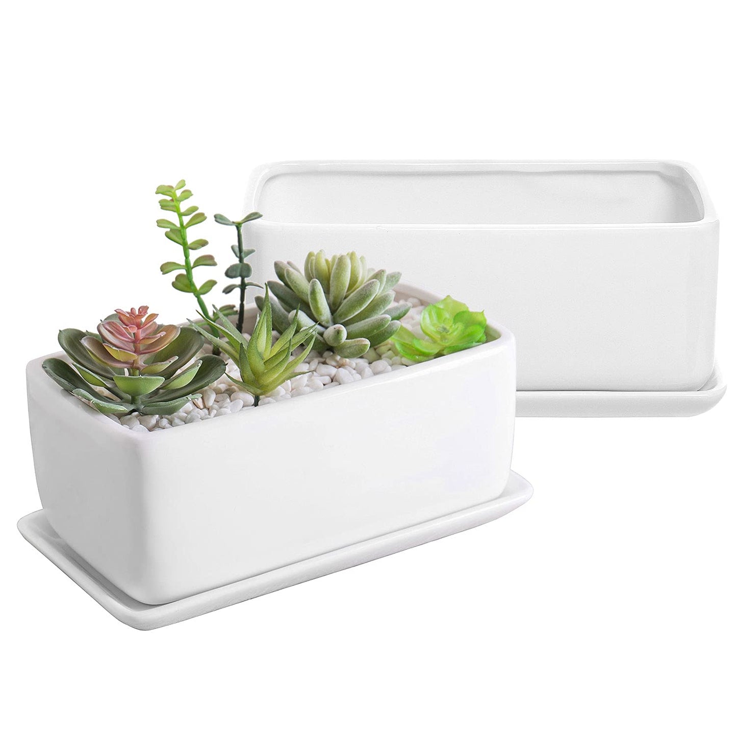 MyGift 10 Inch Modern Unglazed White Ceramic Indoor Plant Pot with Drainage Hole, Rectangular Succulent Planter Window Box with Removable Saucer, 2 Pack