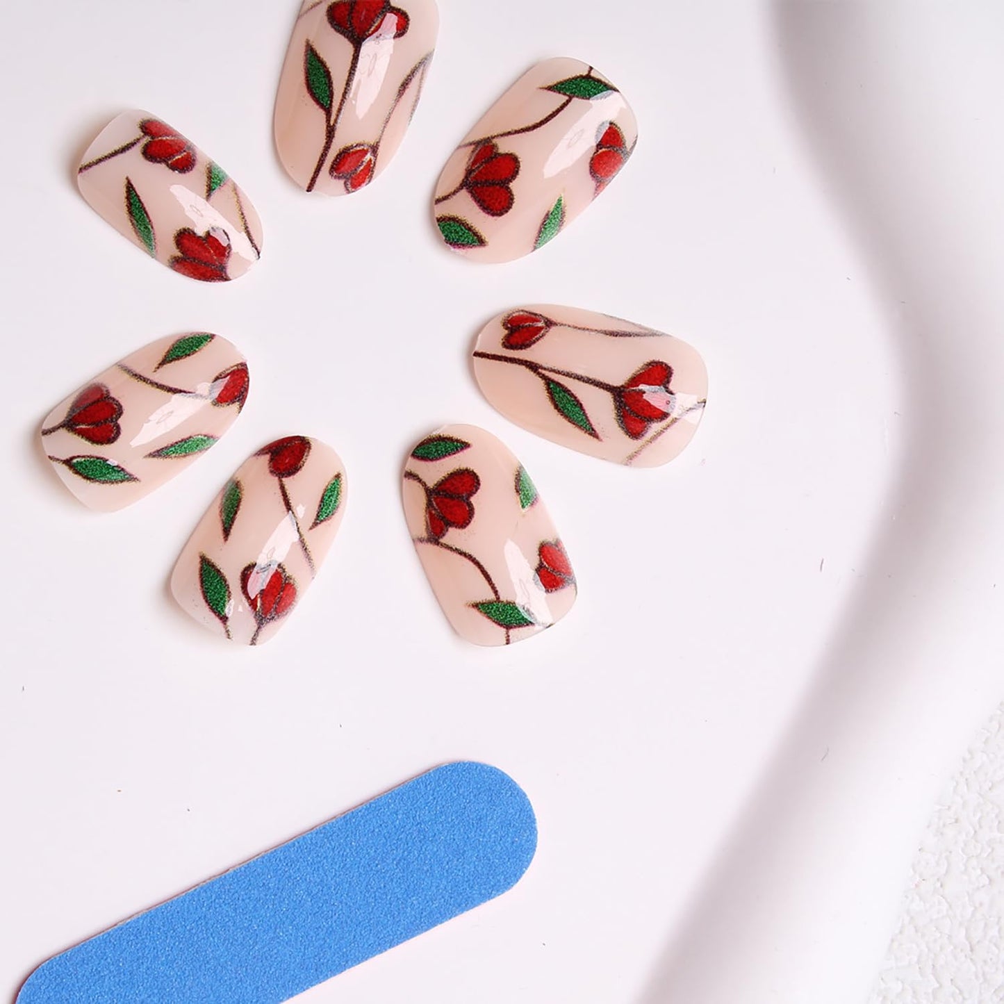 TBRZTR Flower Press on Nails Medium Almond Shaped Red Floral Pattern Design Full Cover Glossy Almond False Nail Reusable Artificial Acrylic Nail DIY Press Ons Stick on Nails for Women 24Pcs