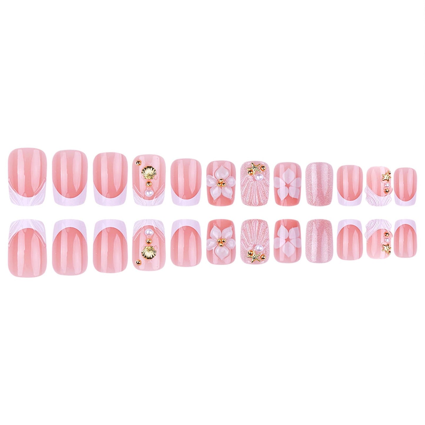 French Tip Press on Nails Medium Square Fake Nails with White Flower Pearl Gold Stars Designs Glossy Nails Press ons Summer Glue on Nails Cute Acrylic Nails Artificial Stick on Nails for Women