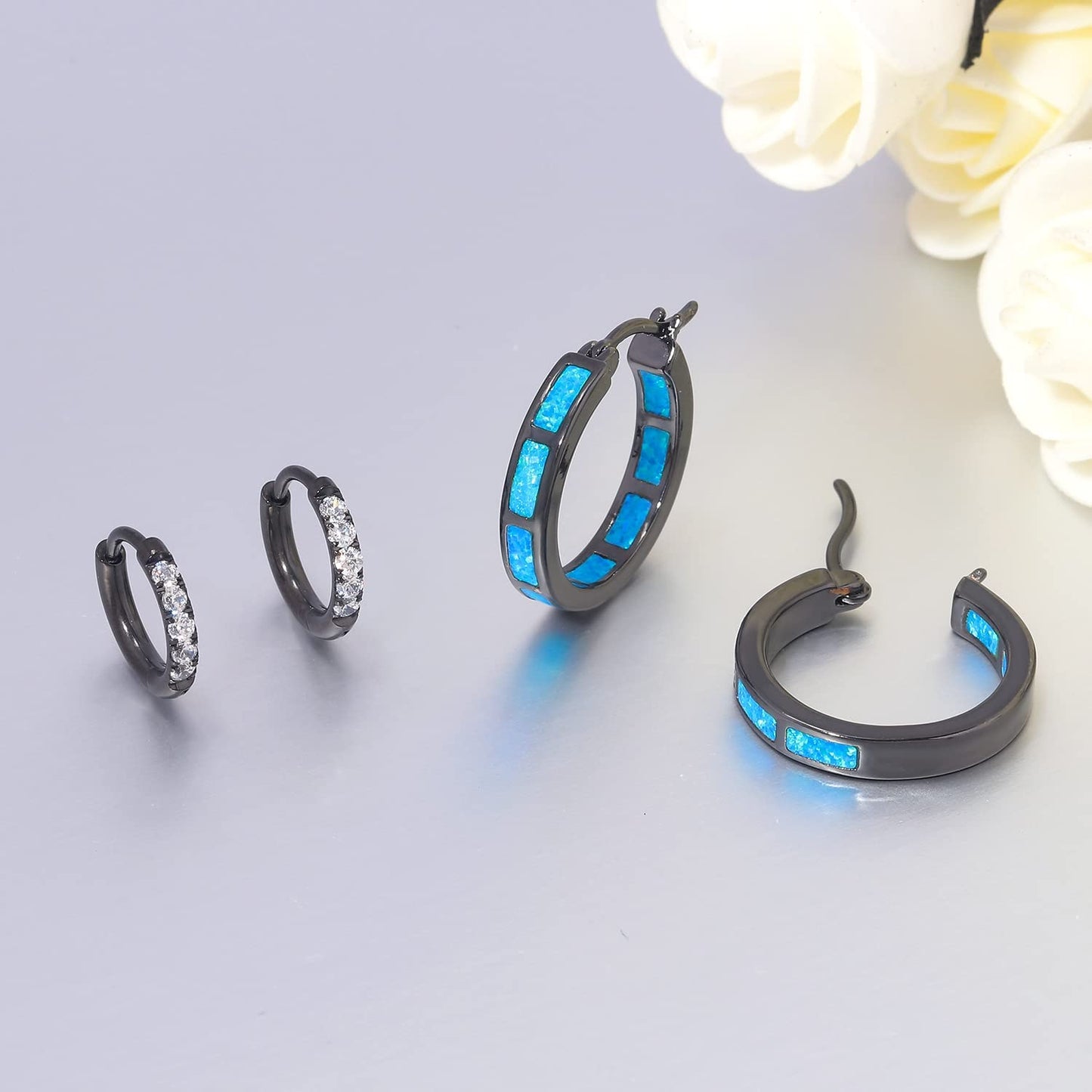 CiNily 2 Pairs Hoop Earring Set for Women Black Gold Plated Blue Opal Small Hoop Earring Hypoallergenic Cubic Zirconia Tiny Earrings