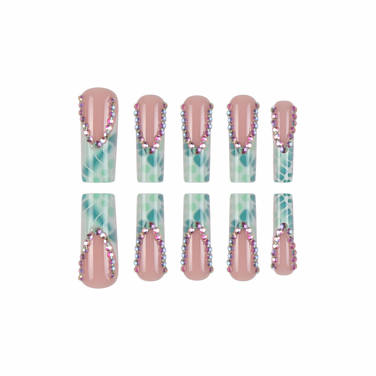 MISUD Press on Nails - Long Square Glue on Nails with Green Crocodile, Acrylic Rhinestone Design 24 pcs