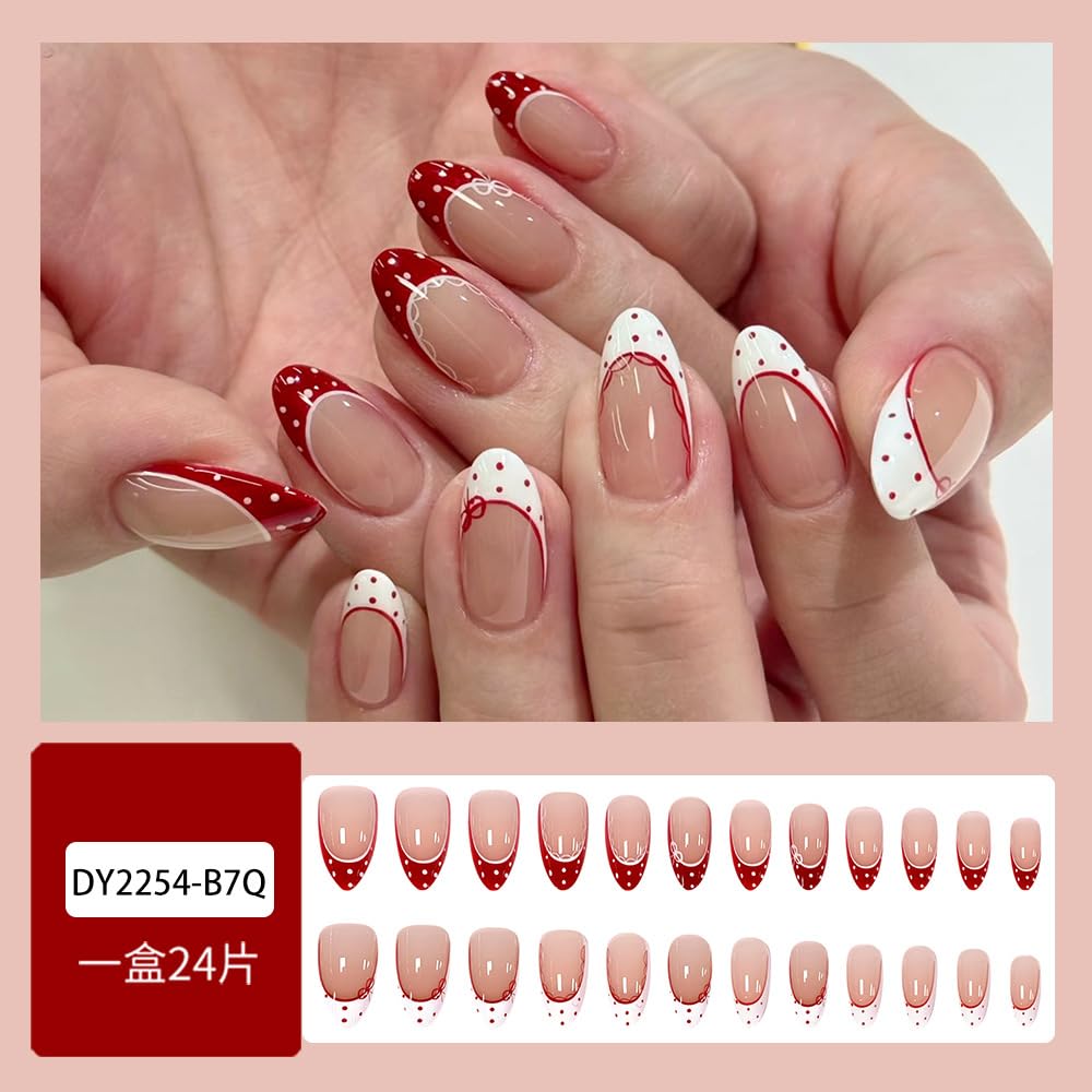 24Pcs Red French Polka Dot Press on Nails Medium Almond Fake Nails with Lace Designs White Tip Bow False Nail for Women Glossy Full Cover Stick on Nails Nude Pink Acrylic Nail Manicure Kit