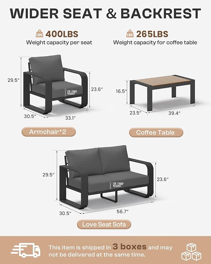 Aluminum Outdoor Patio Furniture Set 4 Piece, Oversized Patio Conversation Sets Widened Armrest & Ultra-Thick Cushions, Deep Seating Modern Sectional Furniture for Backyard, Deck, Graphite