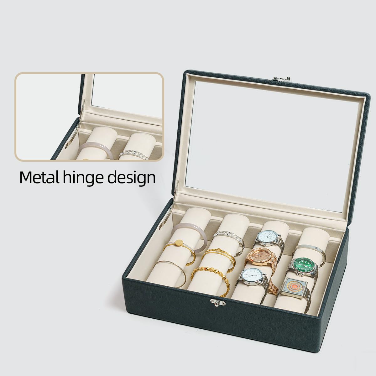 OrizeGe Jewelry Box with Glass Lid Bracelet Holder PU Leather for 4 Rods Beige Velvet Watch Case for Women