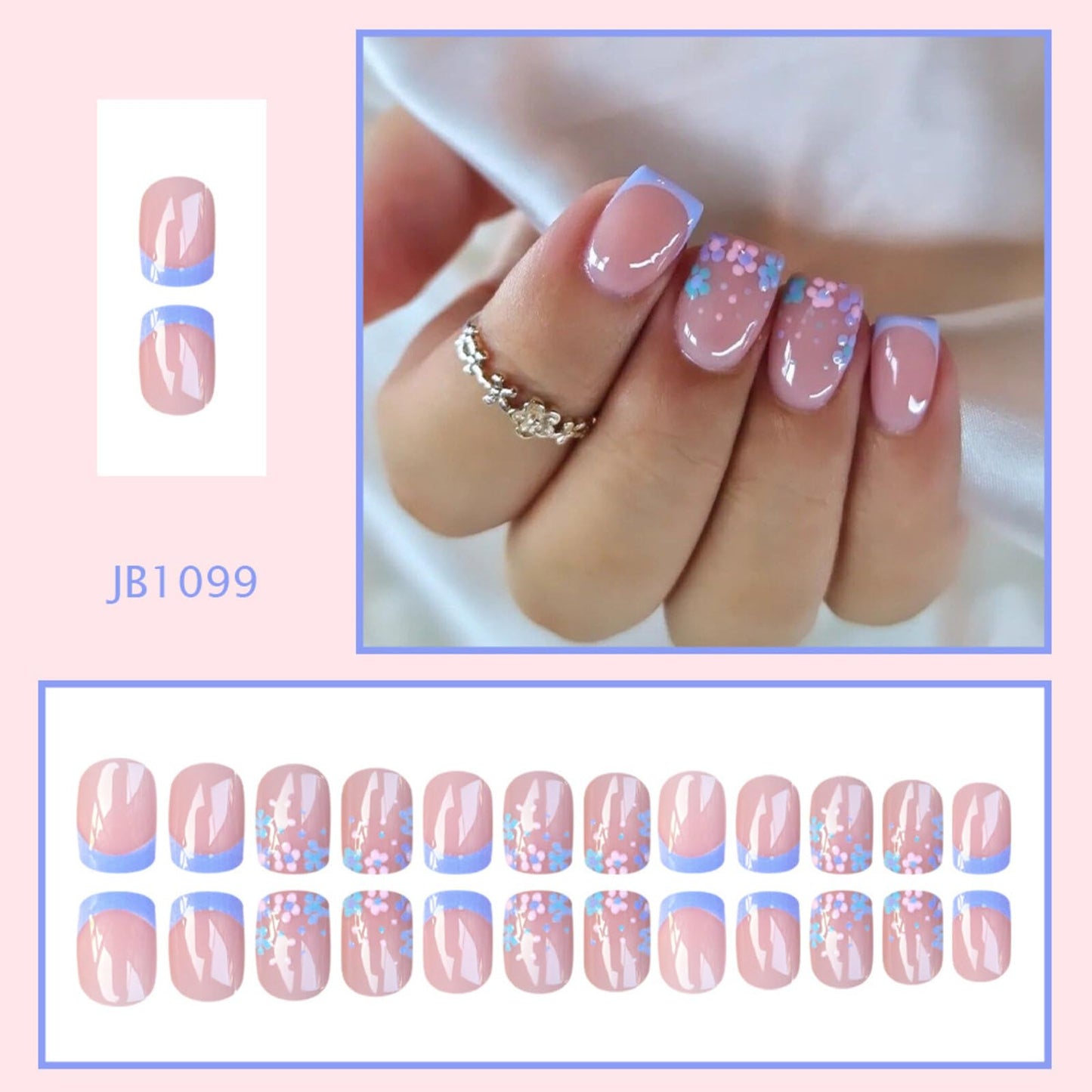 Short Square Press on Nails Soft Nude Pink Base Pastel Blue French Tips Pink Blue Glitter Stick on Nails Speckles Sleek Gentle Fresh Manicure Artificial Nails Suitable for Elegant Unique Chic 24 Pcs
