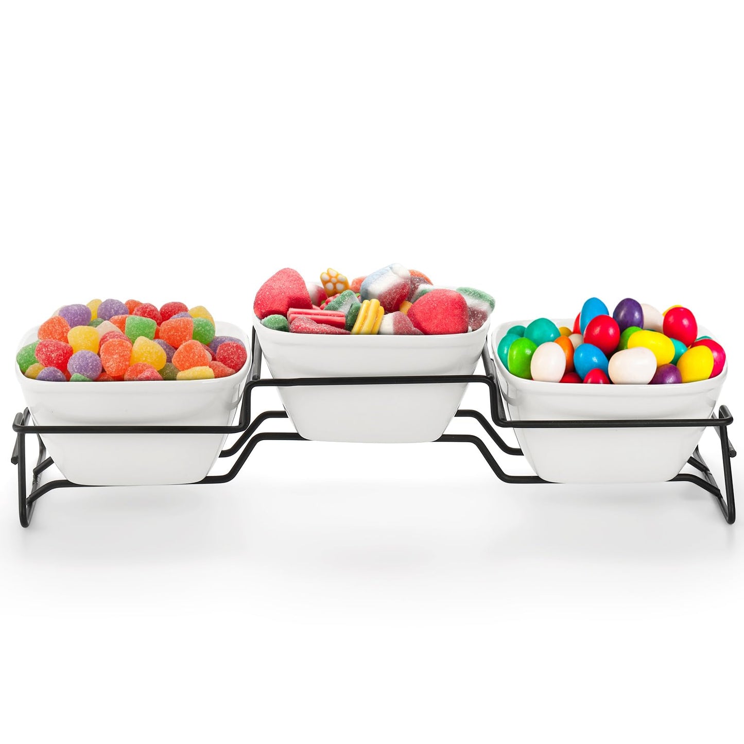 ZENFUN 10 oz Square Bowl Chip & Dip Serving Set, Pocelain Ramekin Bowls with Metal Rack Stand, White Small Serving Dishes, Condiment Serving Tray for Entertaining, Party, Buffets, Christmas