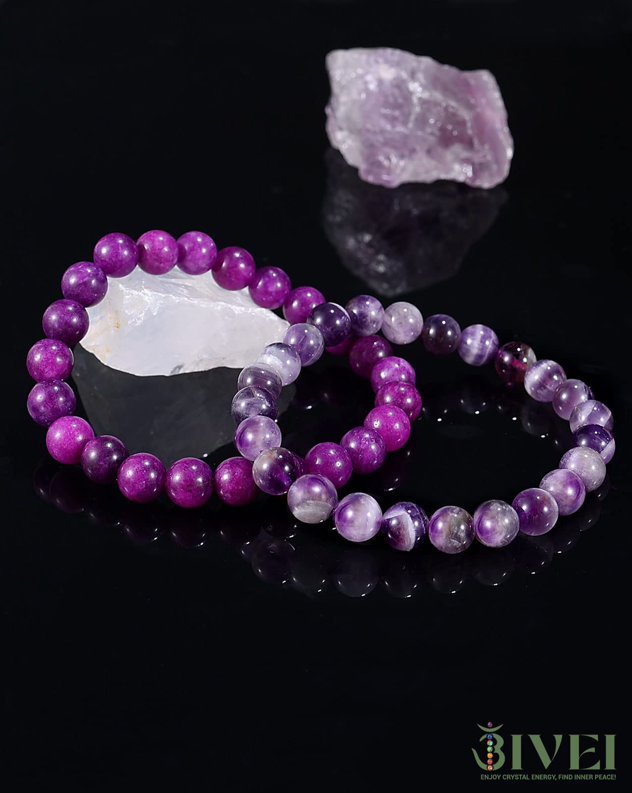 Bivei Natural Gemstone Semi Precious Crystals Handmade Stretchy Round Beads Bracelet, Enhance Positive Energy,Stocking Stuffers for Women(Dog-Tooth Amethyst & Sugilite (Love & Happiness) Large)