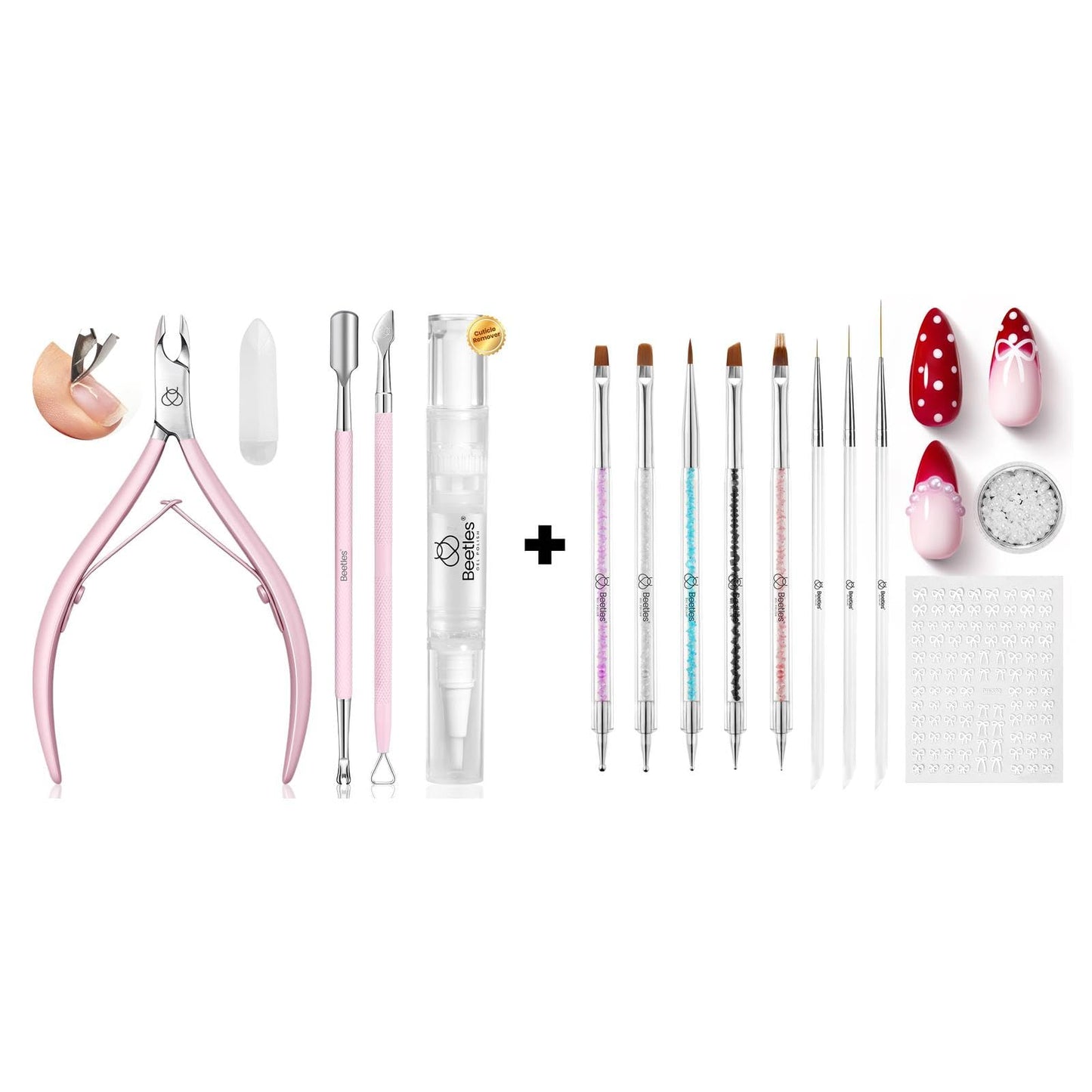 Beetles Manicure Kit for Women with Cuticle Remover, 3 PCS Pink Mani & Nail Art Brushes 8pcs – Crystal Nail Art Tools 5pcs Double-headed Nail