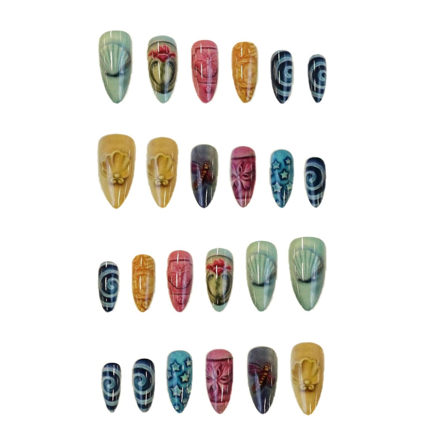 Press on Nails Medium Almond SWEKKE Fake Nails False Nails with Flower Vortex Stripes Stars Shell Designs Glossy Glue on Nail Full Cover Acrylic Nails for Women Girls 24Pcs
