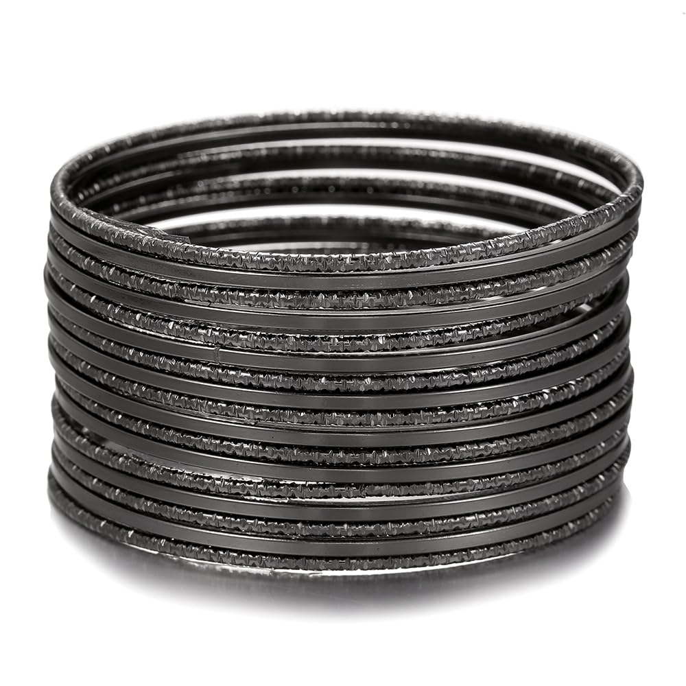 RINTOLER 17Pcs Black Bangle Bracelets for Women - Multi Layer Stackable Textured Bracelets Boho Jewelrys Set. (P SET-17pc Black)