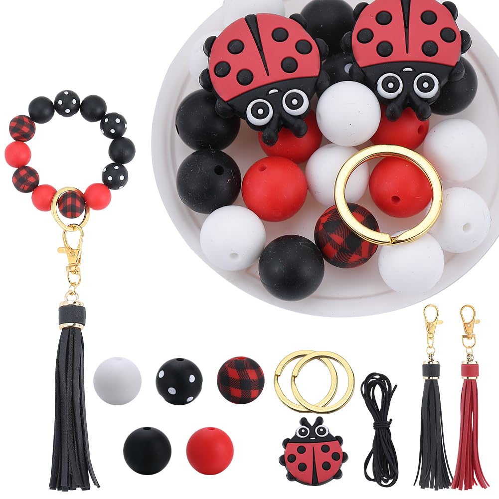 SUNNYCLUE Ladybug Silicone Beads Keychain Making Kit Ladybird Silicone Focal Beads Insect 15mm Round Black Red Beads Bulk PU Leather Tassels Key Chain Split Rings for Key Chains Making Supplies