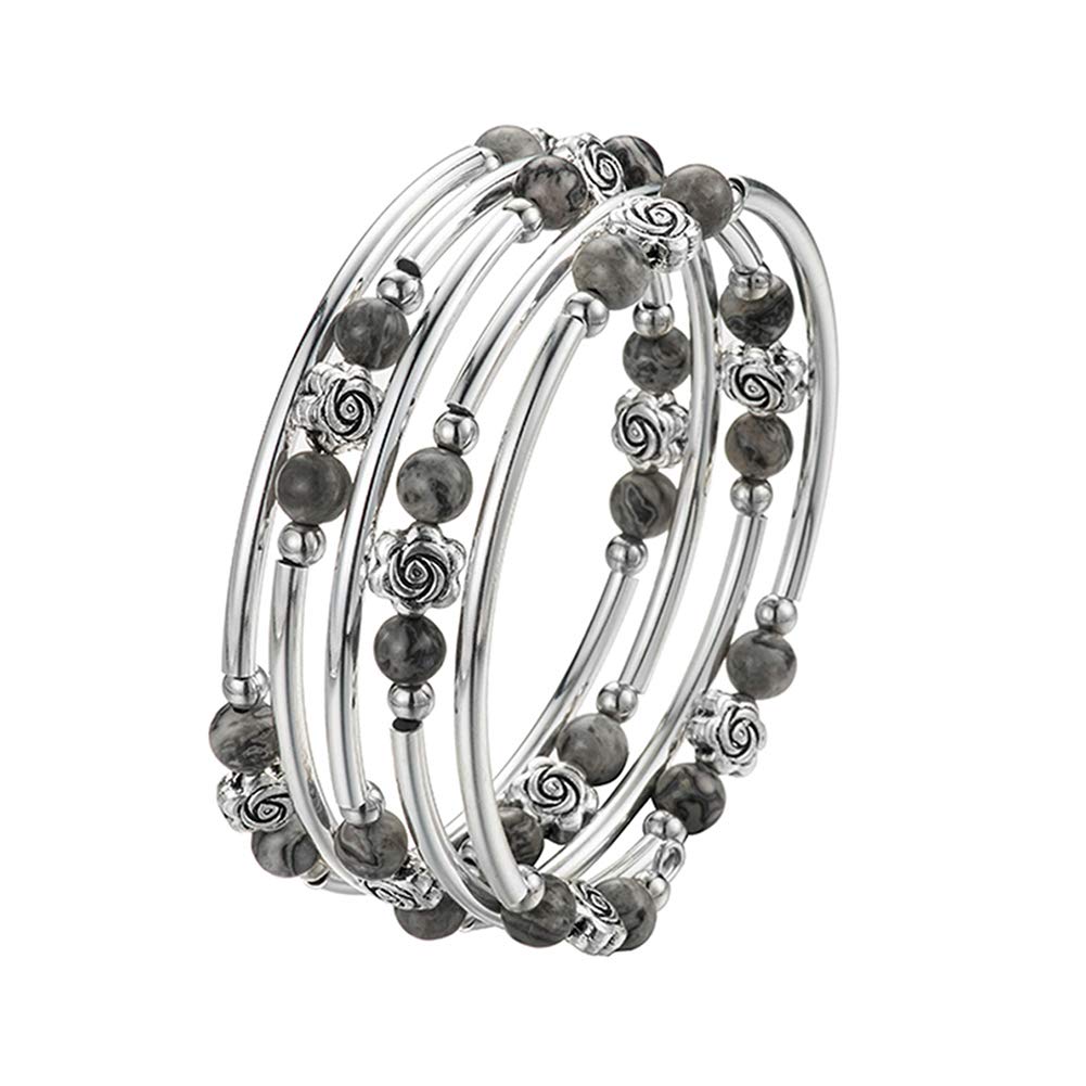 BULINLIN Wrap Bangle Rose Bead Bracelet - Beaded Bracelet with Natural Agate Stone Gifts For Women(01-Grey)