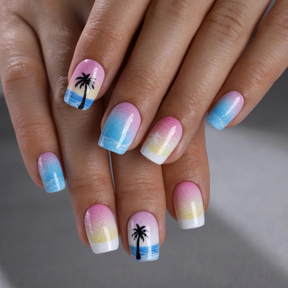Curvlife Press on Nails Hawaii Acrylic Fake Nails with Short Design Full Cover, Reusable Nail Kit with Nail Glue Adhesive Tabs