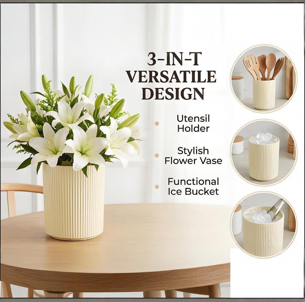 QUELIEN Utensil Holder, 360° Rotating Ceramic Kitchen Utensil Holder for Countertop, 7.7" Utensil Crock for Kitchen Counter with Rotatable Wooden Base,Ideal Housewarming Gift & Mothers Day Gift
