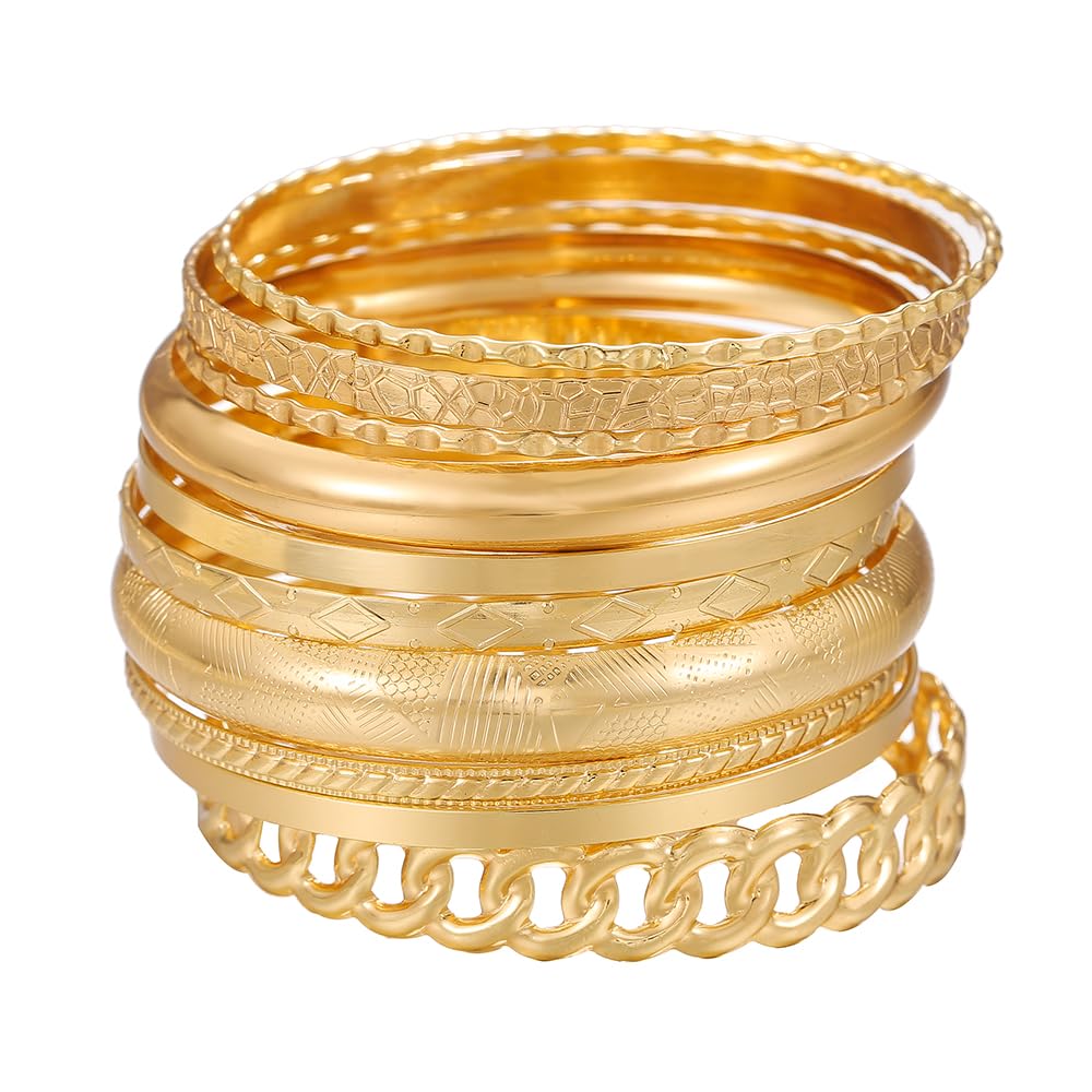 RINTOLER 10Pcs Gold Bangle Bracelets Set for Women - Multi Layer Stackable Textured Chunky Bracelets Indian Bangles Boho Jewelry Set (B-10PC-Gold)