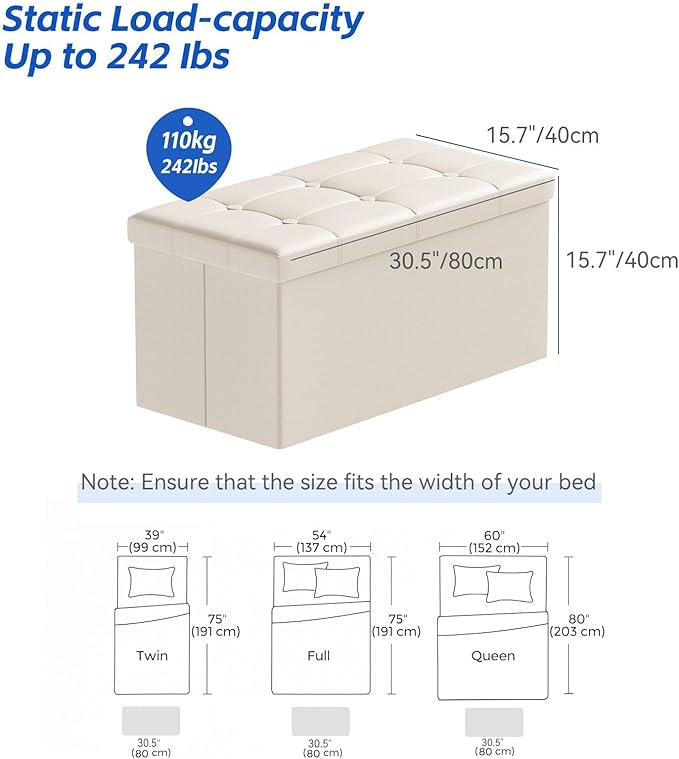 BRIAN & DANY 30 Inches Storage Ottoman Bench, Faux Leather Ottoman with Storage, Folding Bench Shoe, Foot Rest Stool, for Living Room, Beige